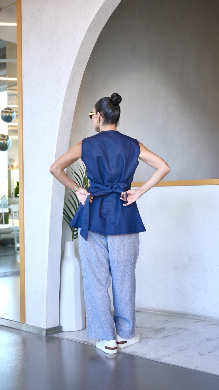 Navy Vest & blue denim Linen Pants Set