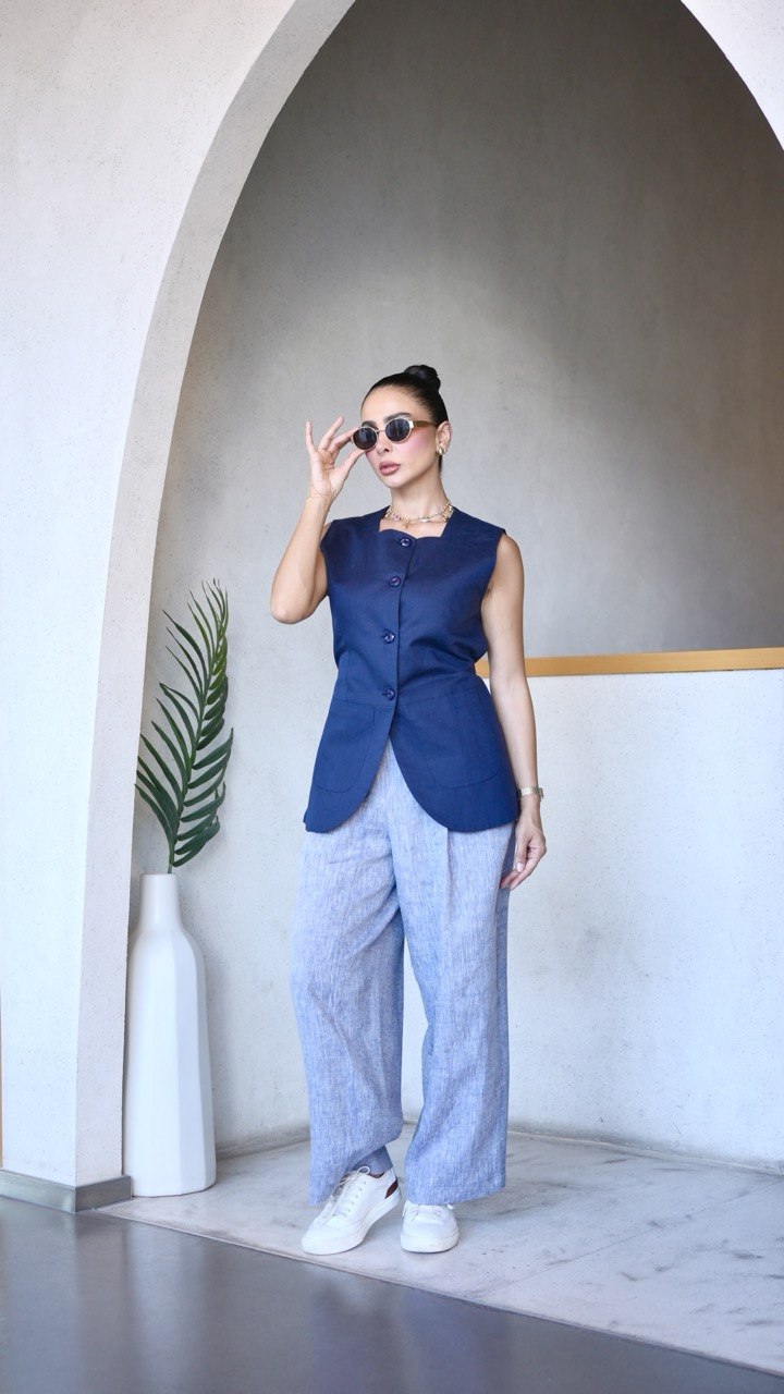 Navy Vest & blue denim Linen Pants Set