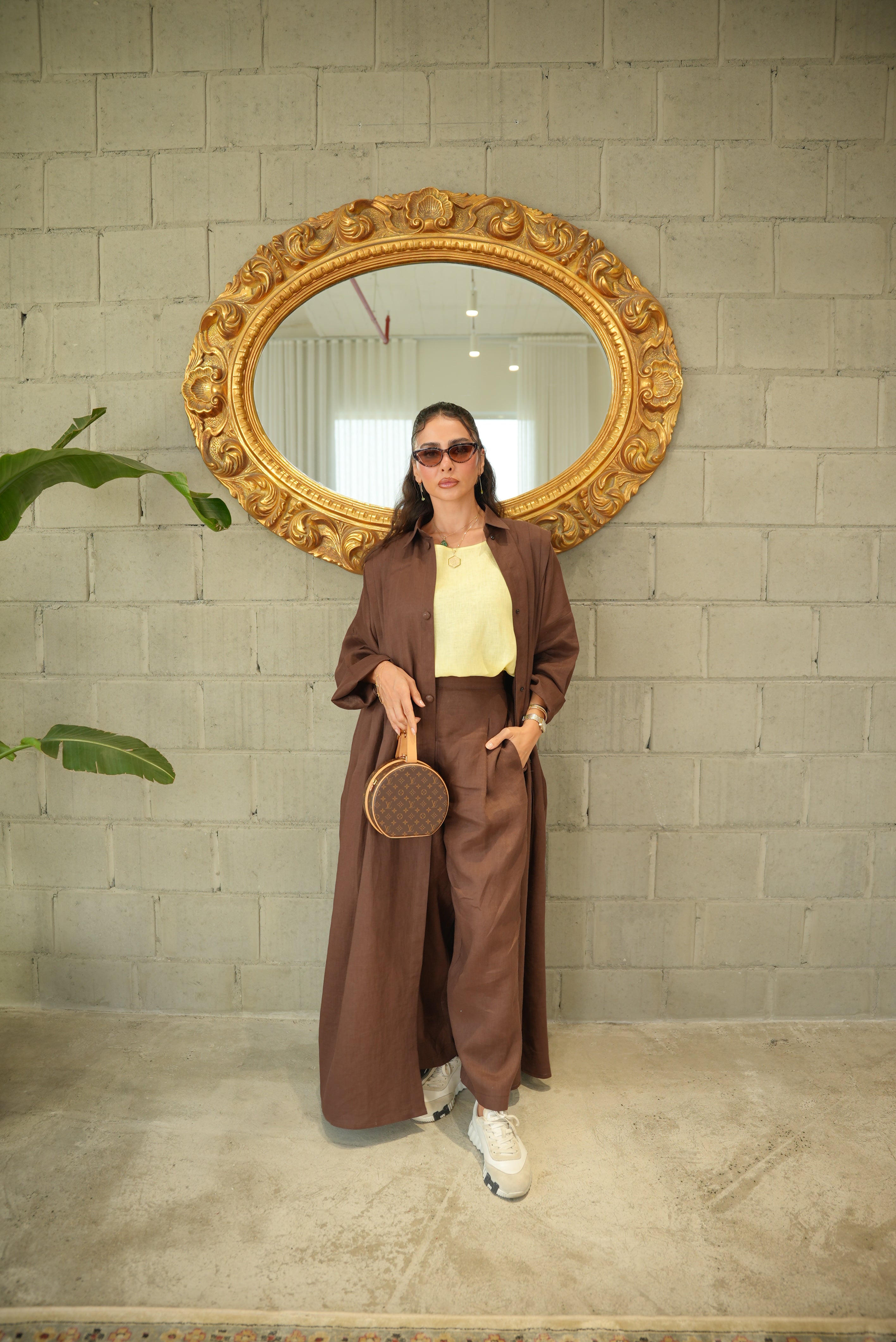 Brown Linen Abaya with Front Pocket-free size