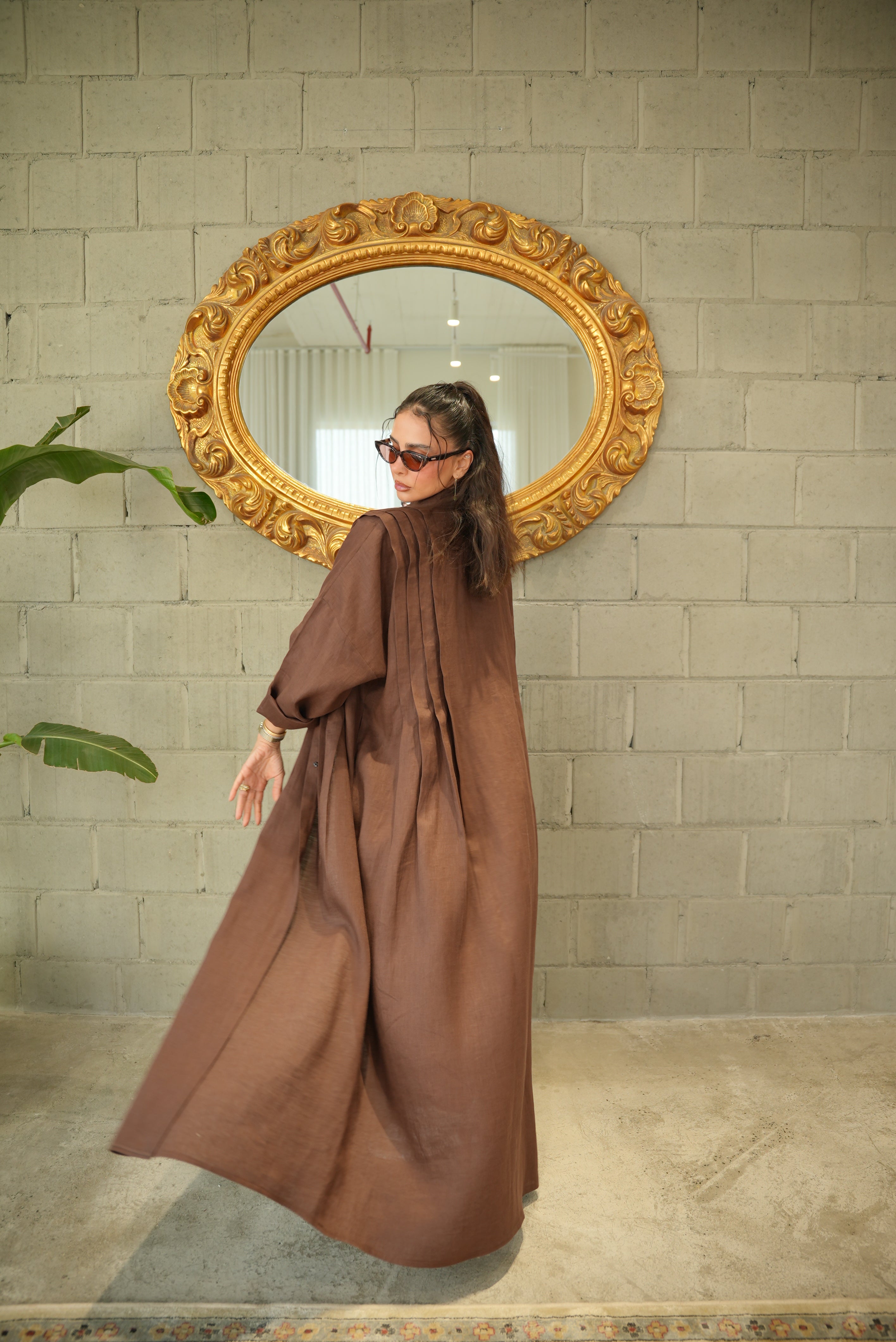 Brown Linen Abaya with Front Pocket-free size