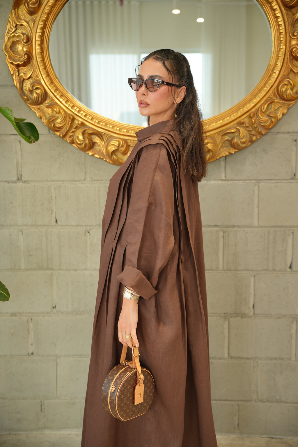 Brown Linen Abaya with Front Pocket-free size