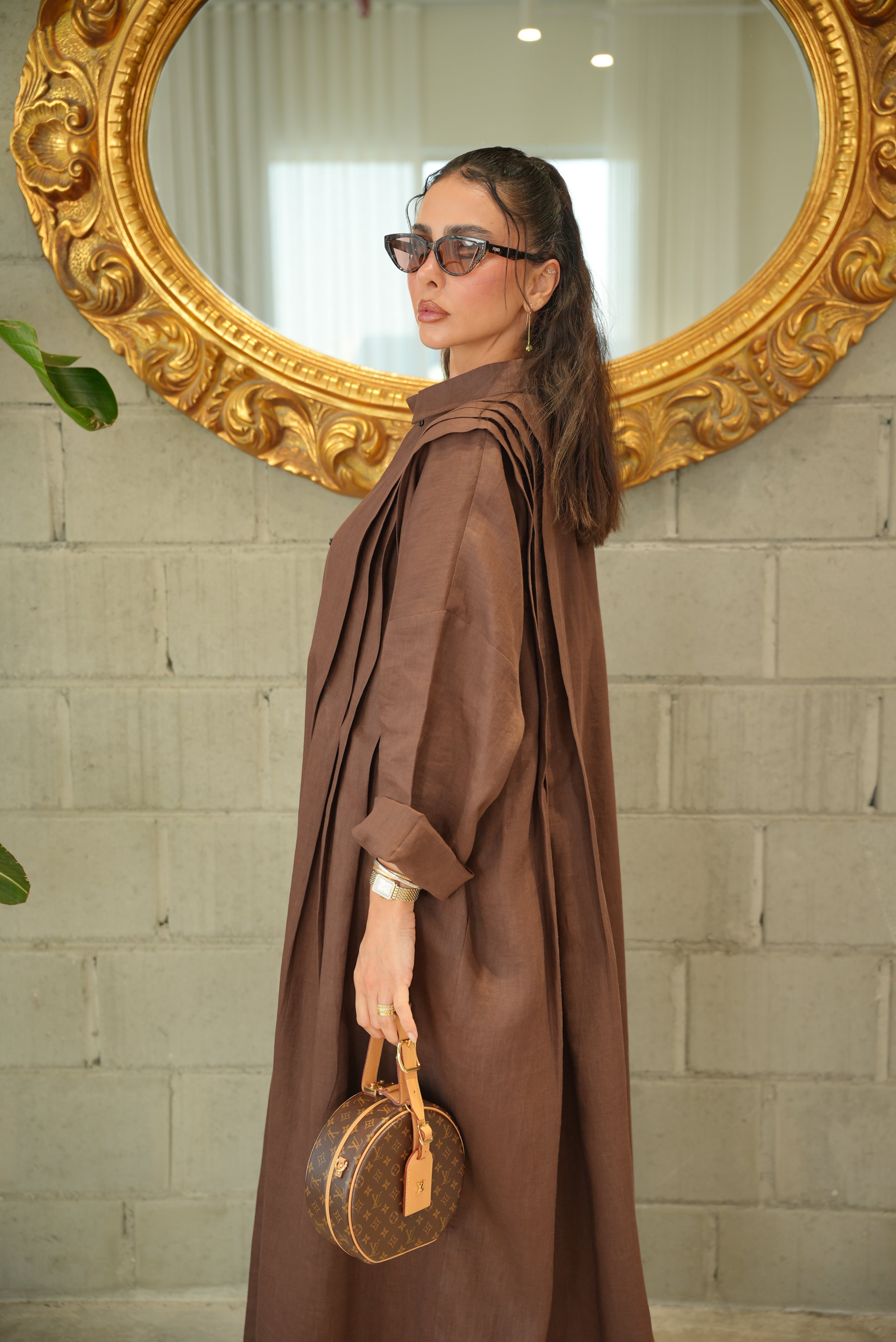 Brown Linen Abaya with Front Pocket-free size