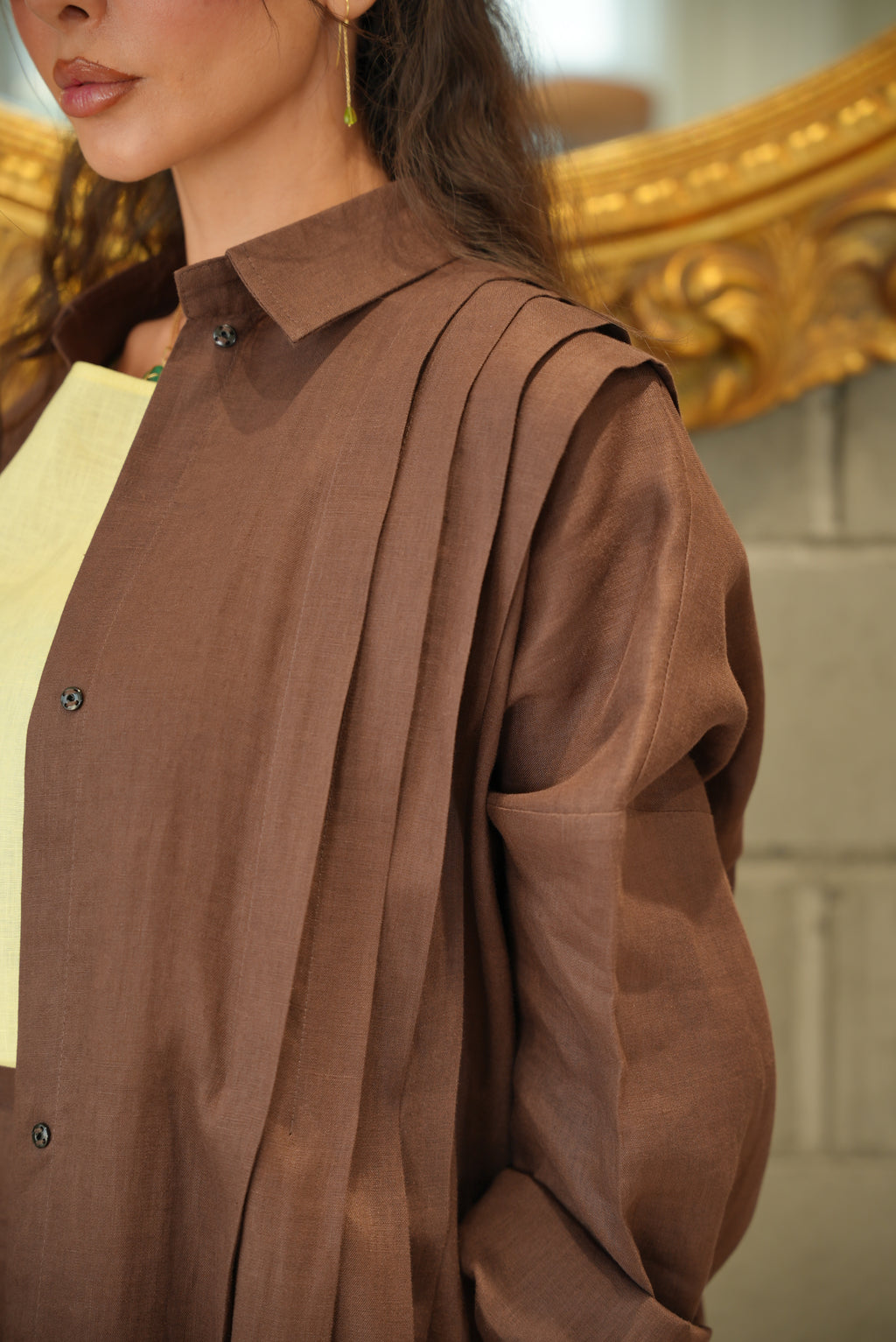 Brown Linen Abaya with Front Pocket-free size