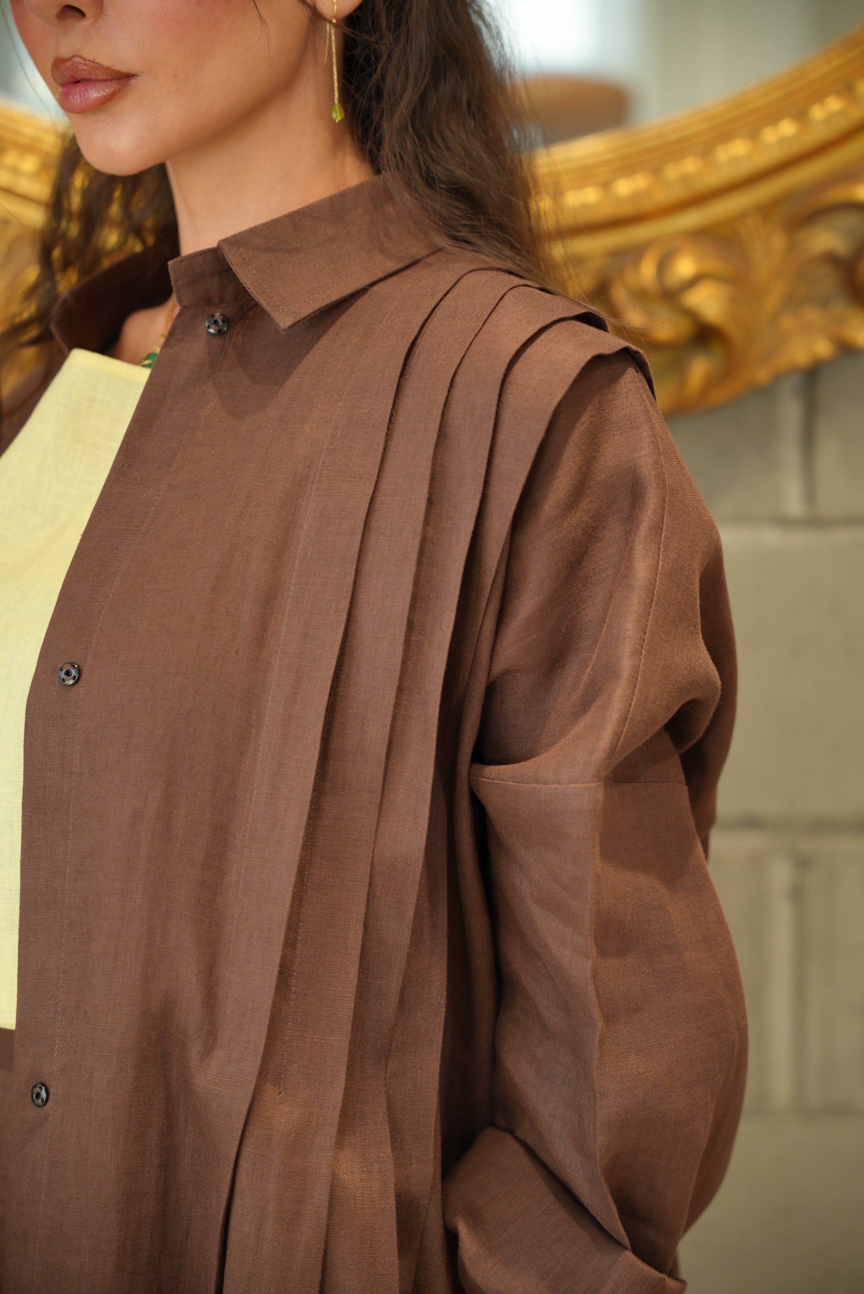Brown Linen Abaya with Front Pocket-free size