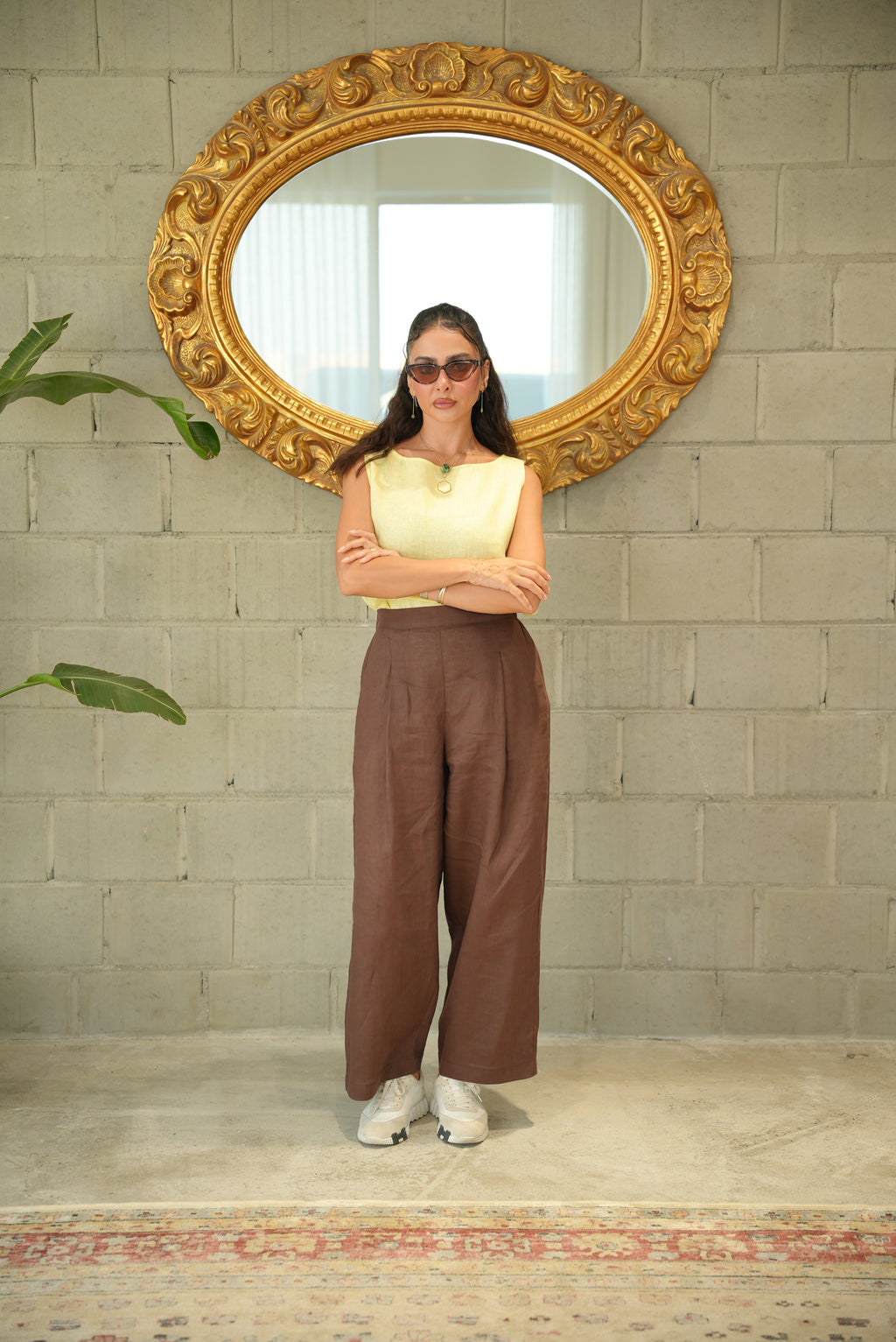 Yellow Linen Blouse with Brown Linen Pants