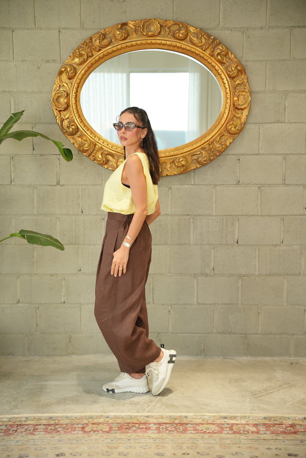 Yellow Linen Blouse with Brown Linen Pants
