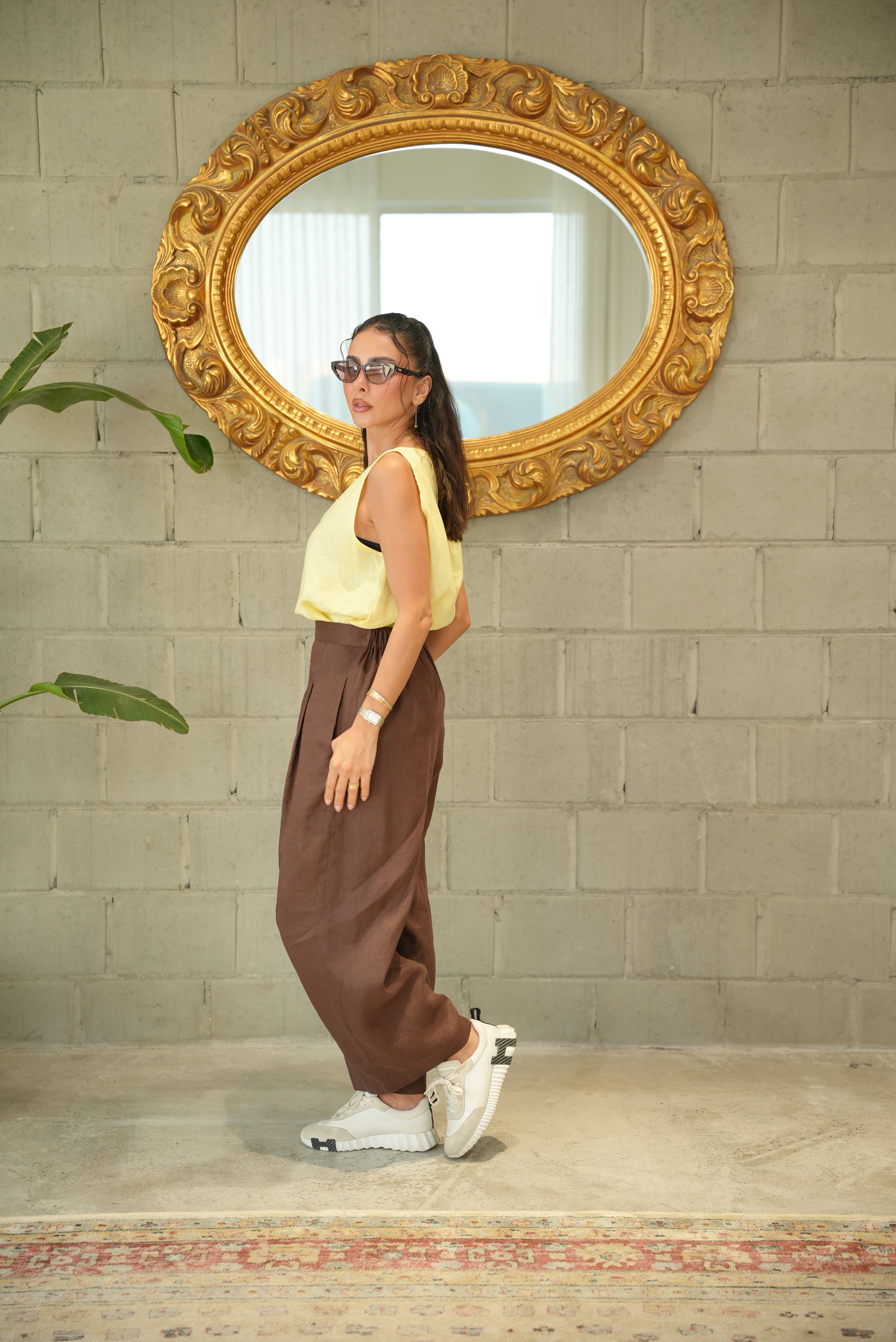 Yellow Linen Blouse with Brown Linen Pants