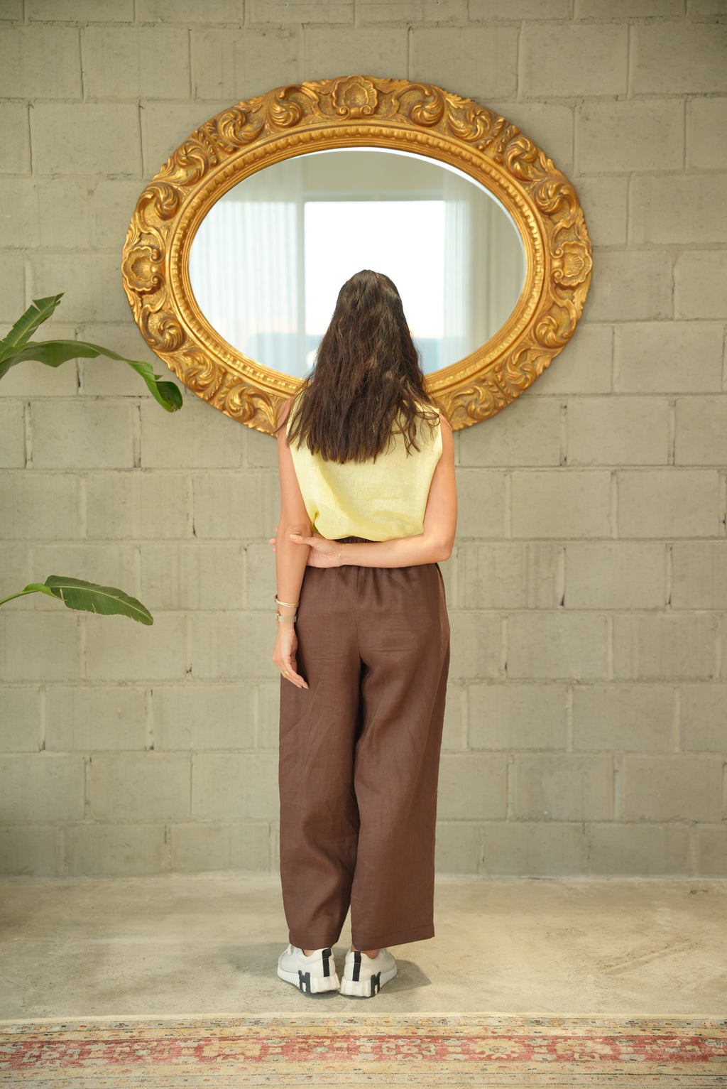 Yellow Linen Blouse with Brown Linen Pants