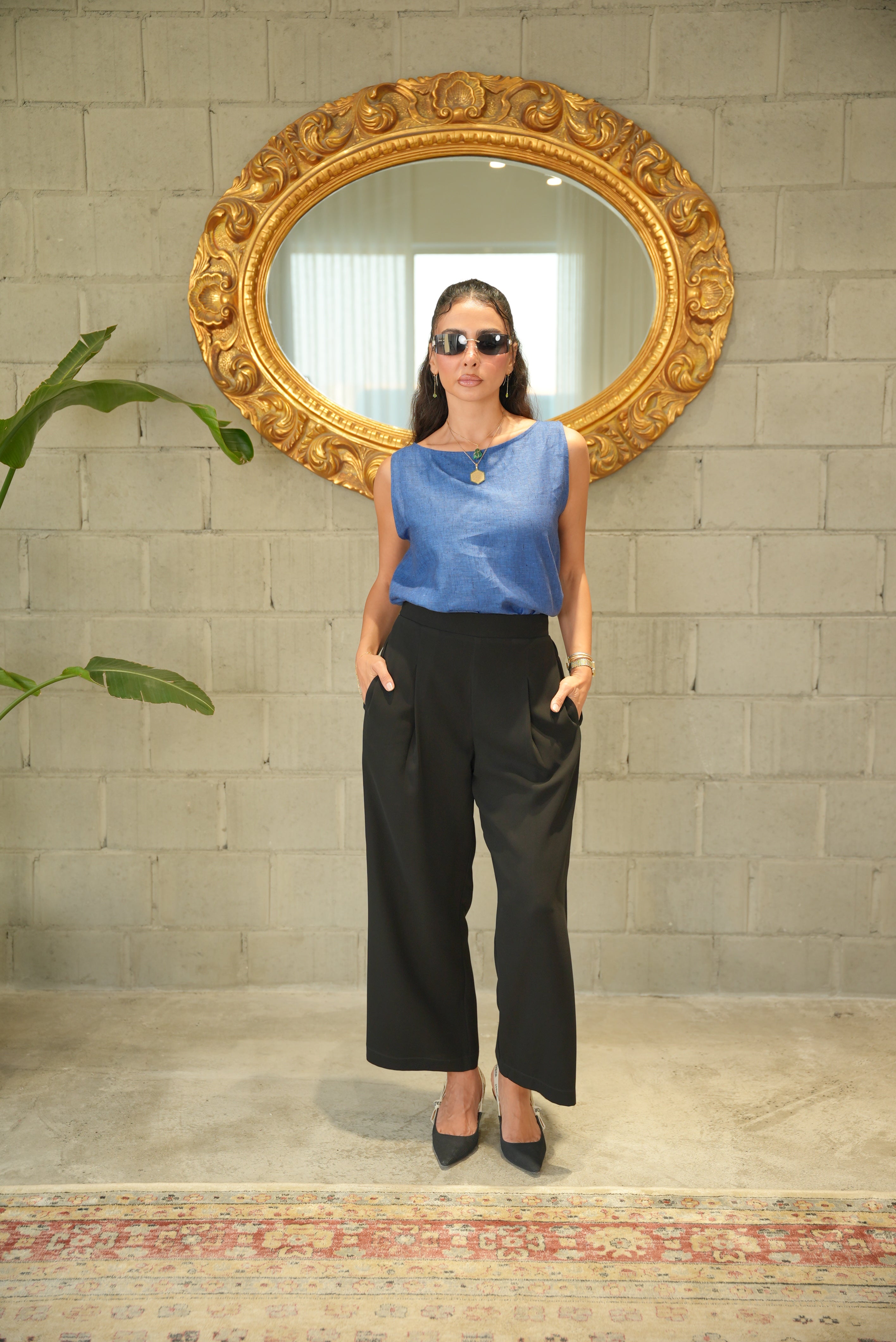 BlueLinen Blouse with Black Trouser