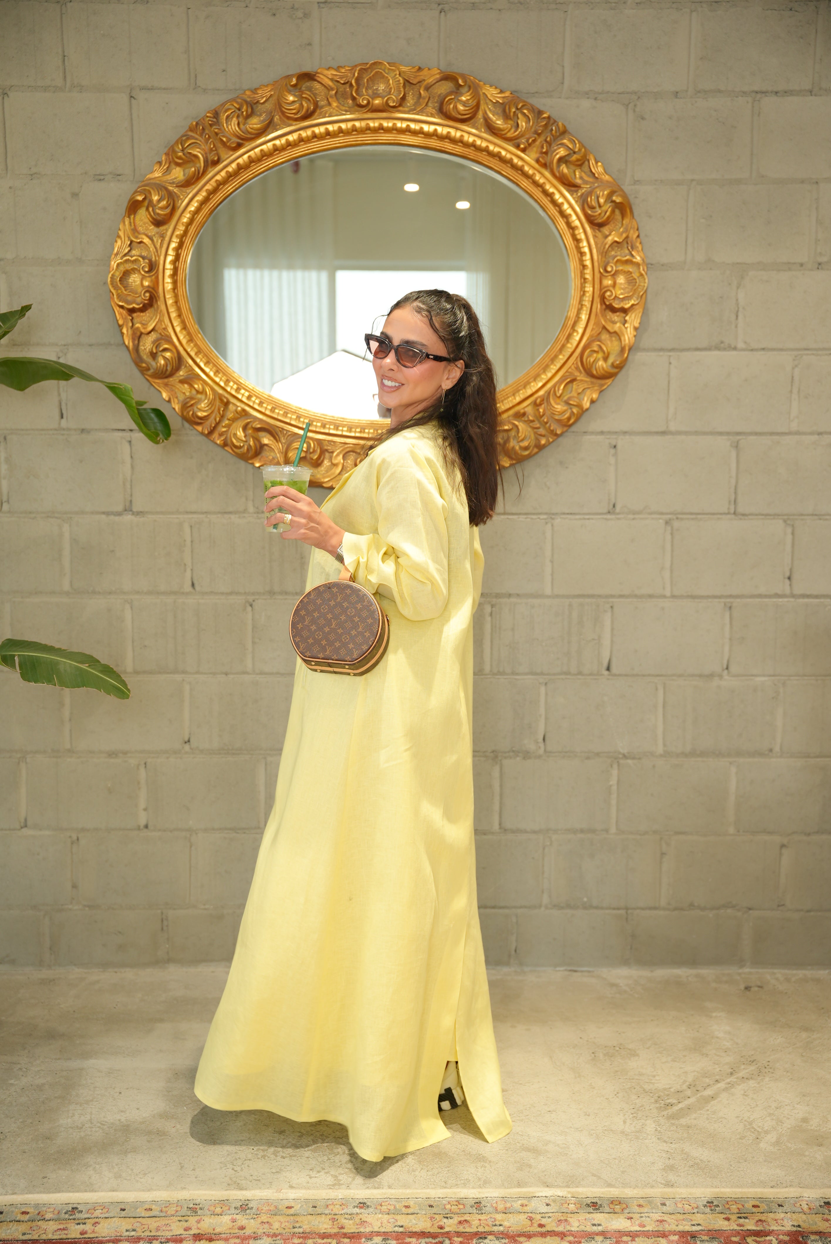Yellow Linen Abaya with Front Pocket