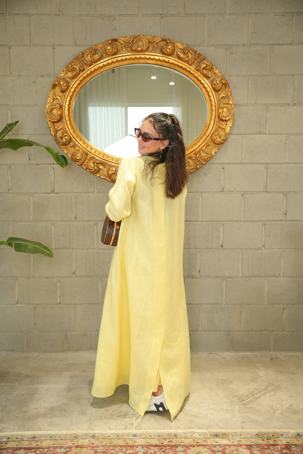 Yellow Linen Abaya with Front Pocket