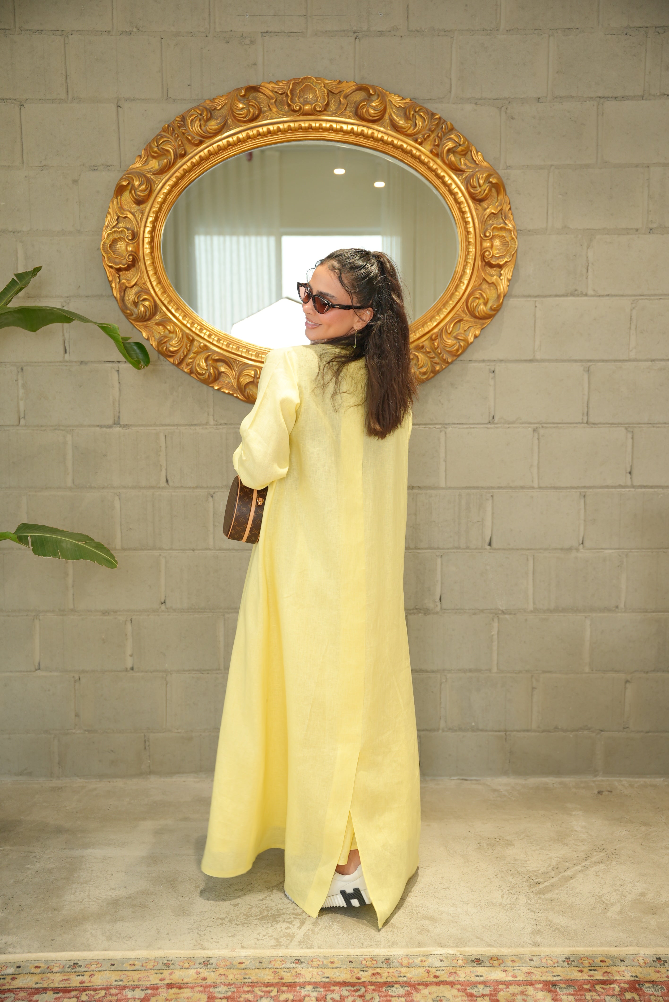 Yellow Linen Abaya with Front Pocket