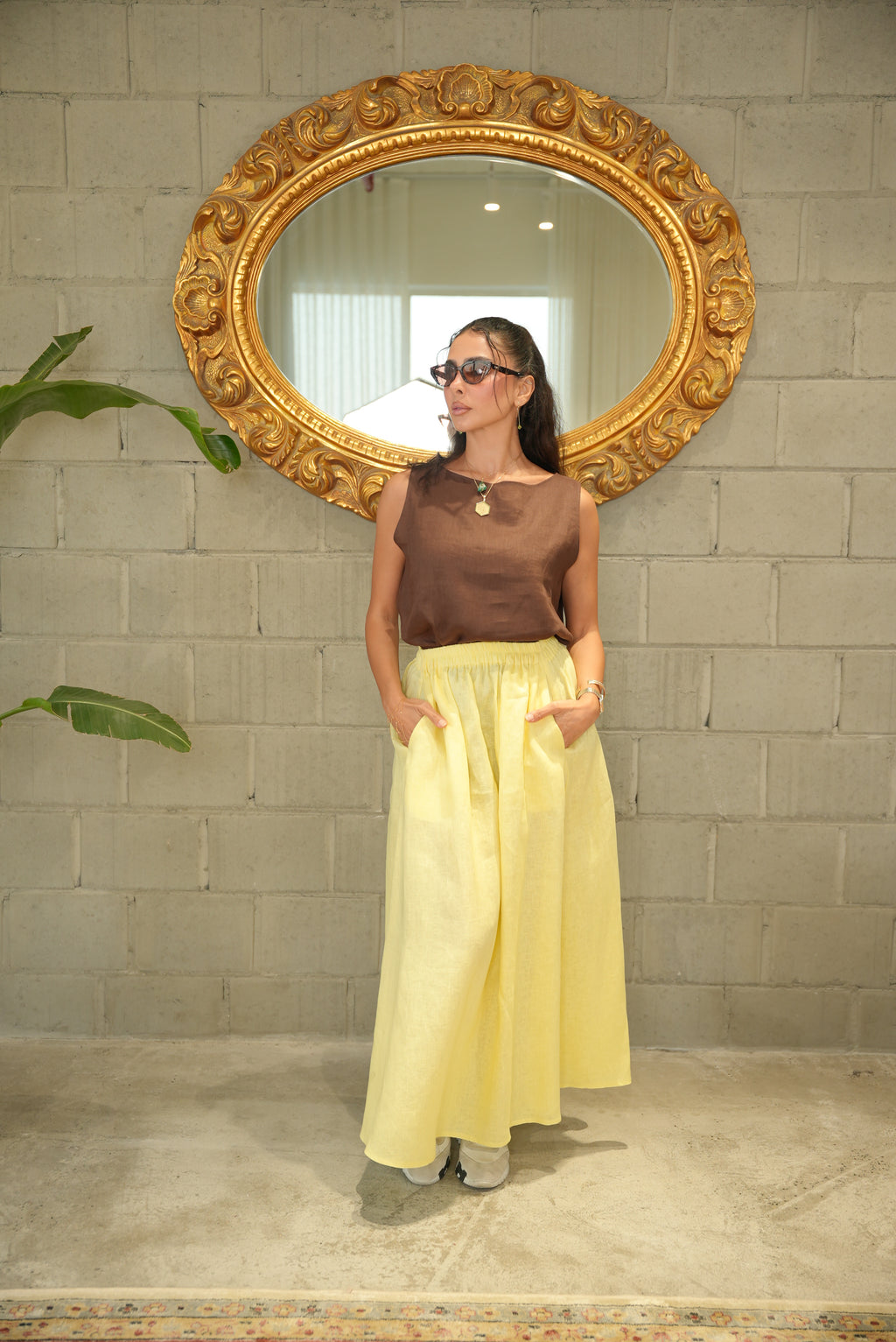 Brown Linen Blouse with Yellow Linen Skirt