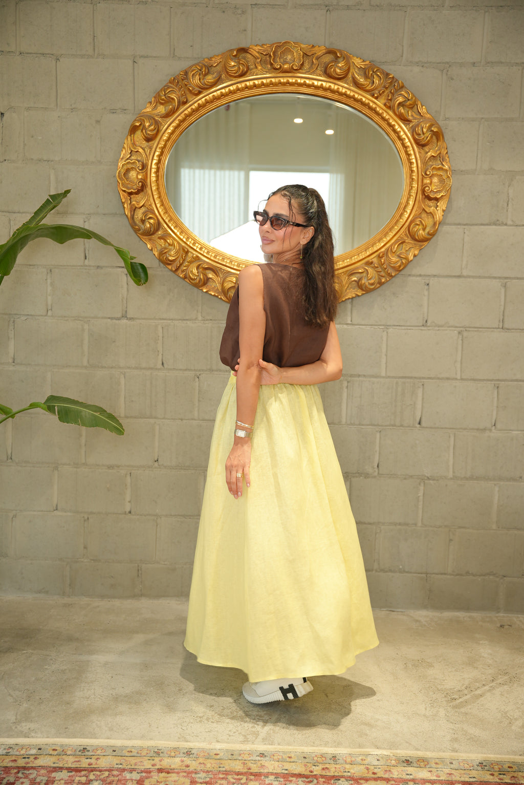 Brown Linen Blouse with Yellow Linen Skirt