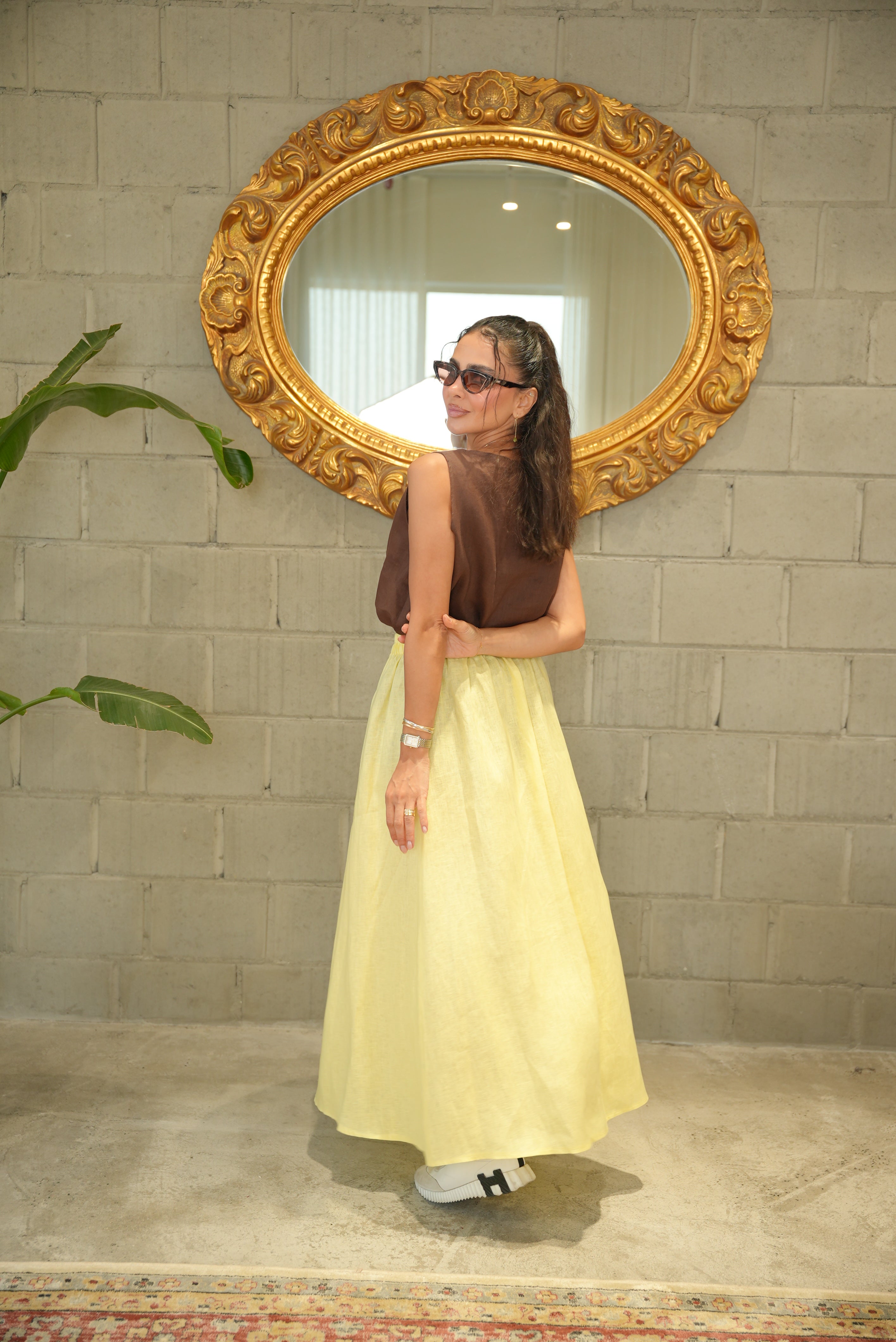 Brown Linen Blouse with Yellow Linen Skirt