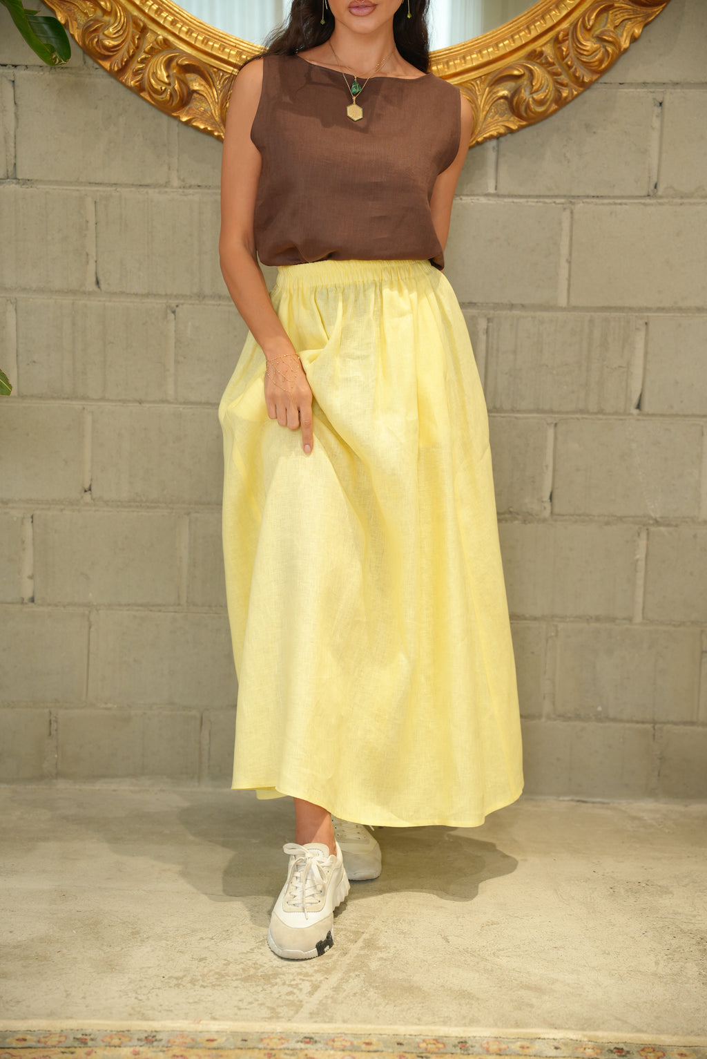 Brown Linen Blouse with Yellow Linen Skirt