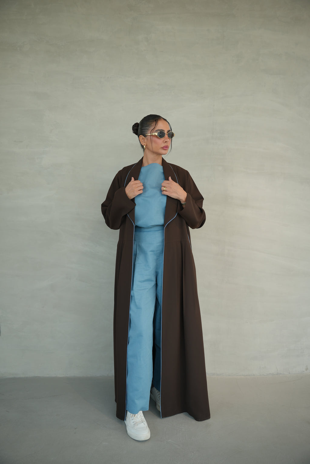 Brown Crepe Abaya with Blue Embroidery & Front Pleats