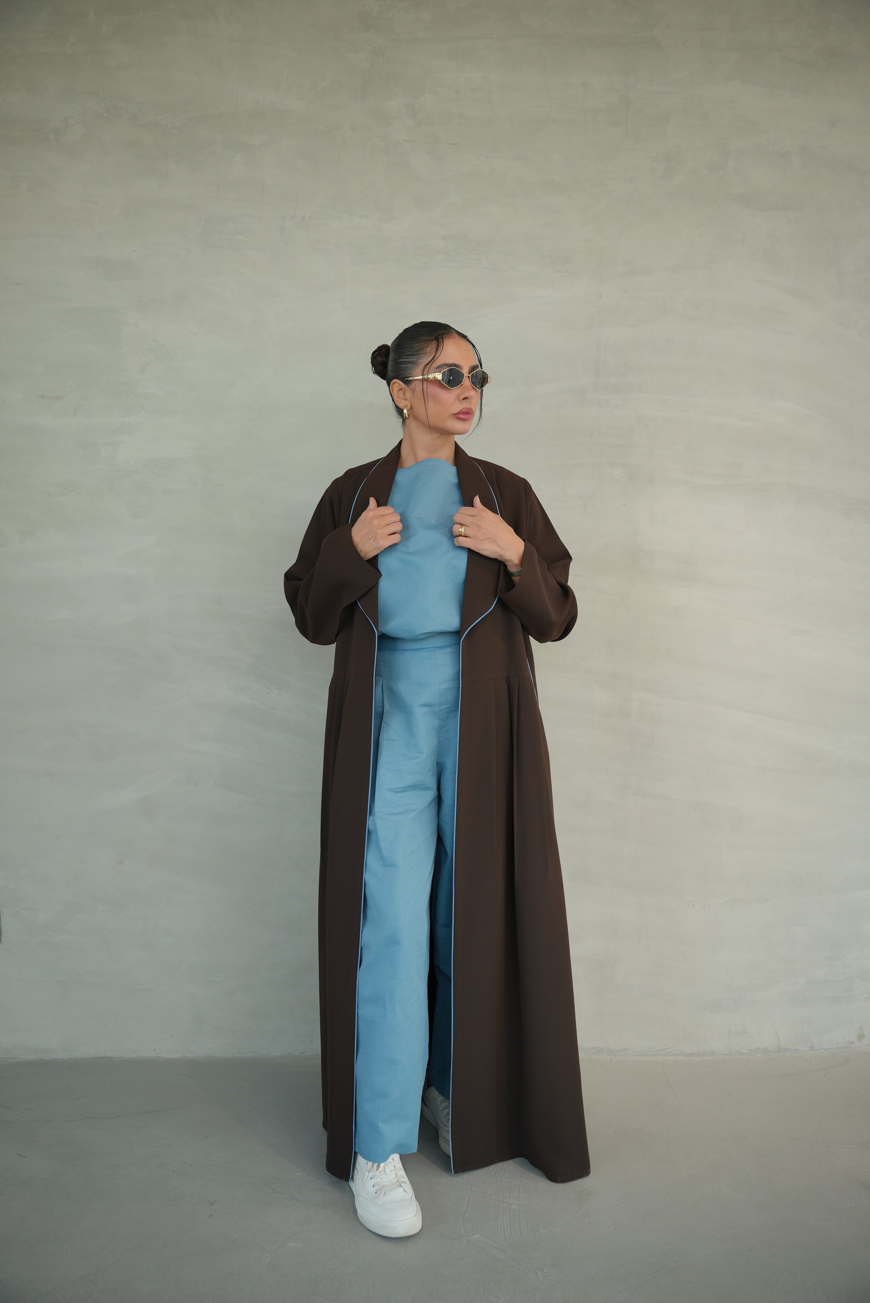 Brown Crepe Abaya with Blue Embroidery & Front Pleats