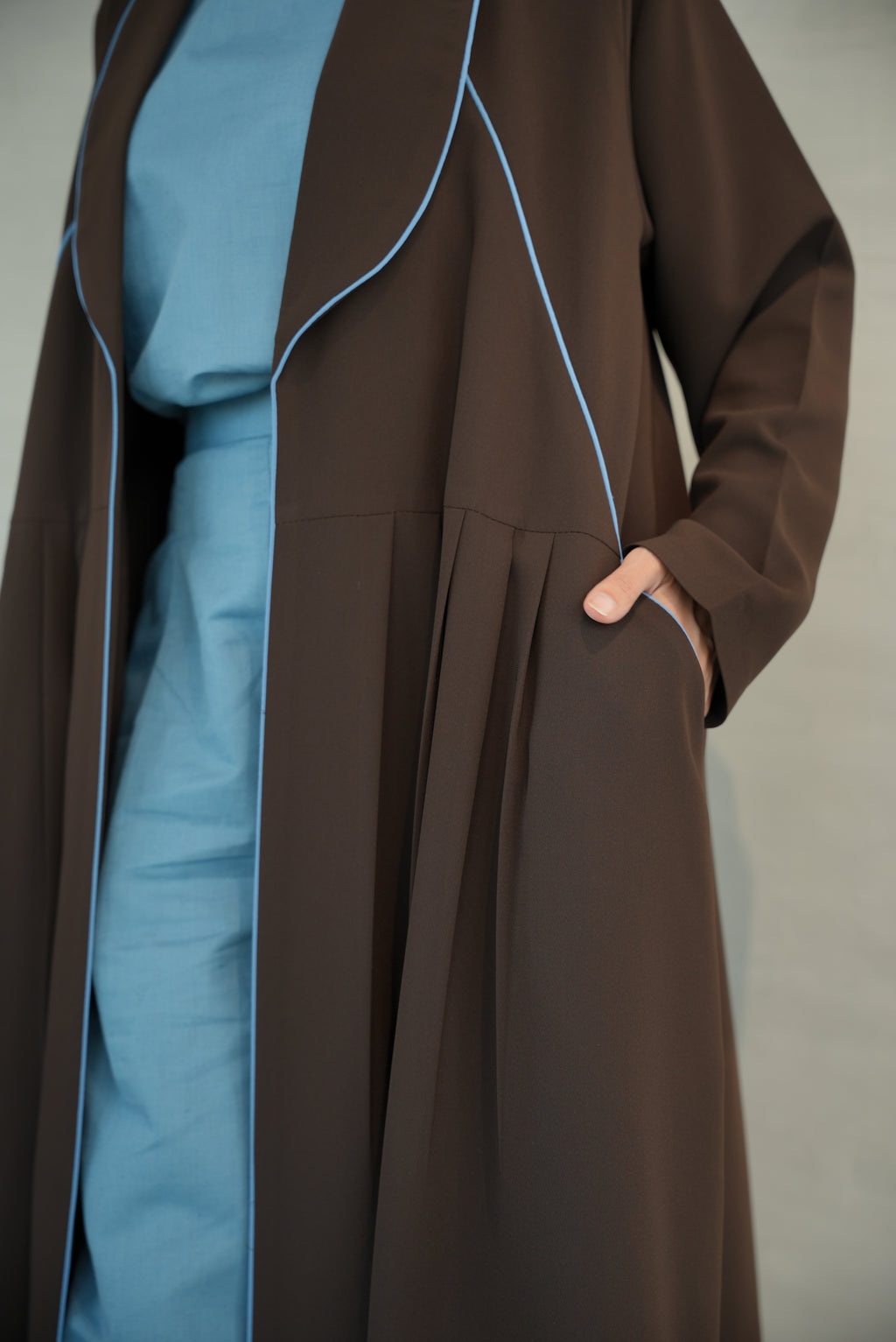 Brown Crepe Abaya with Blue Embroidery & Front Pleats