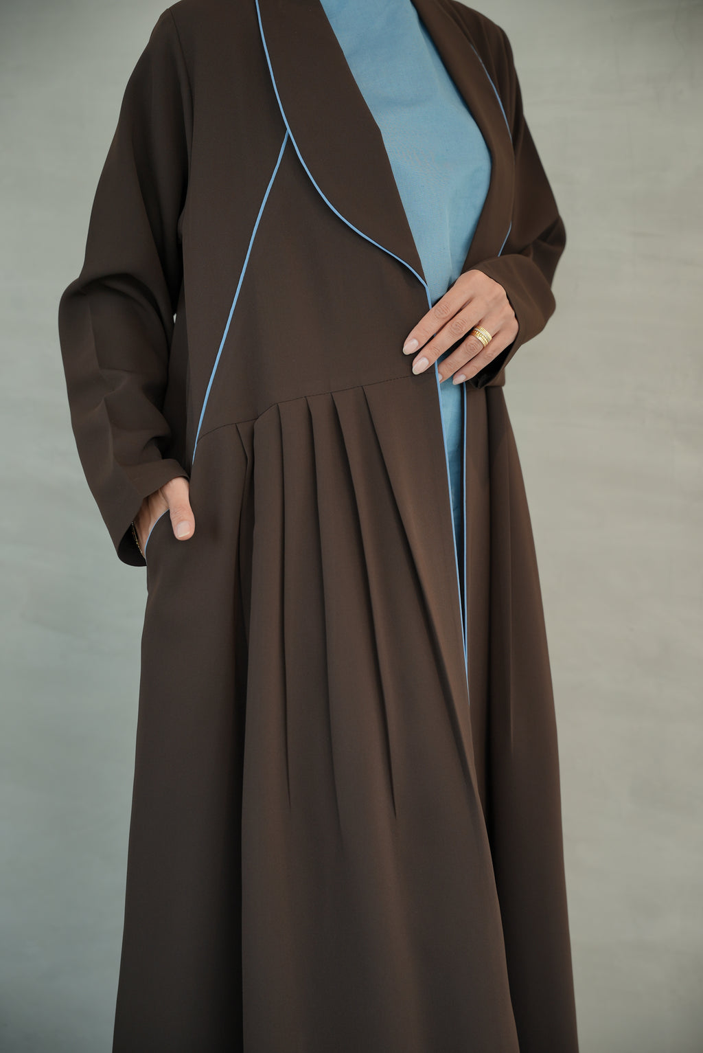 Brown Crepe Abaya with Blue Embroidery & Front Pleats