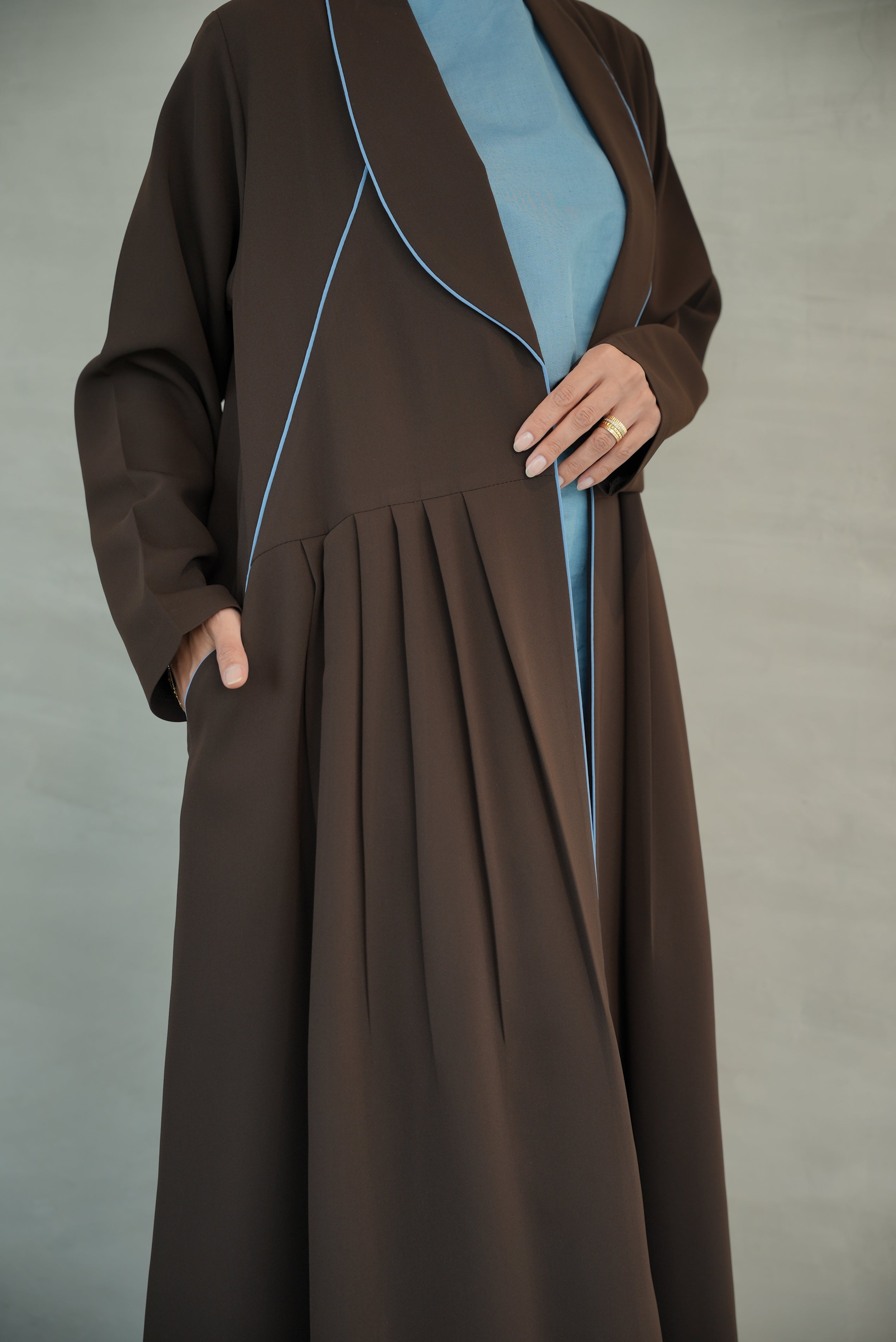 Brown Crepe Abaya with Blue Embroidery & Front Pleats