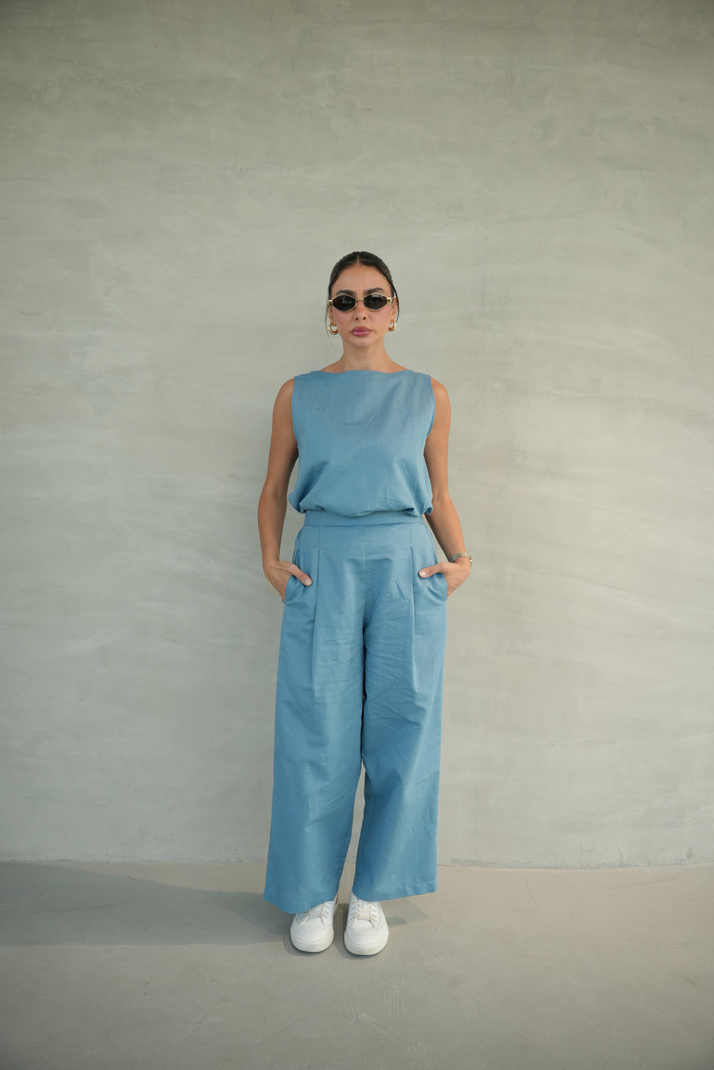Blue Linen Blouse & Pants Set