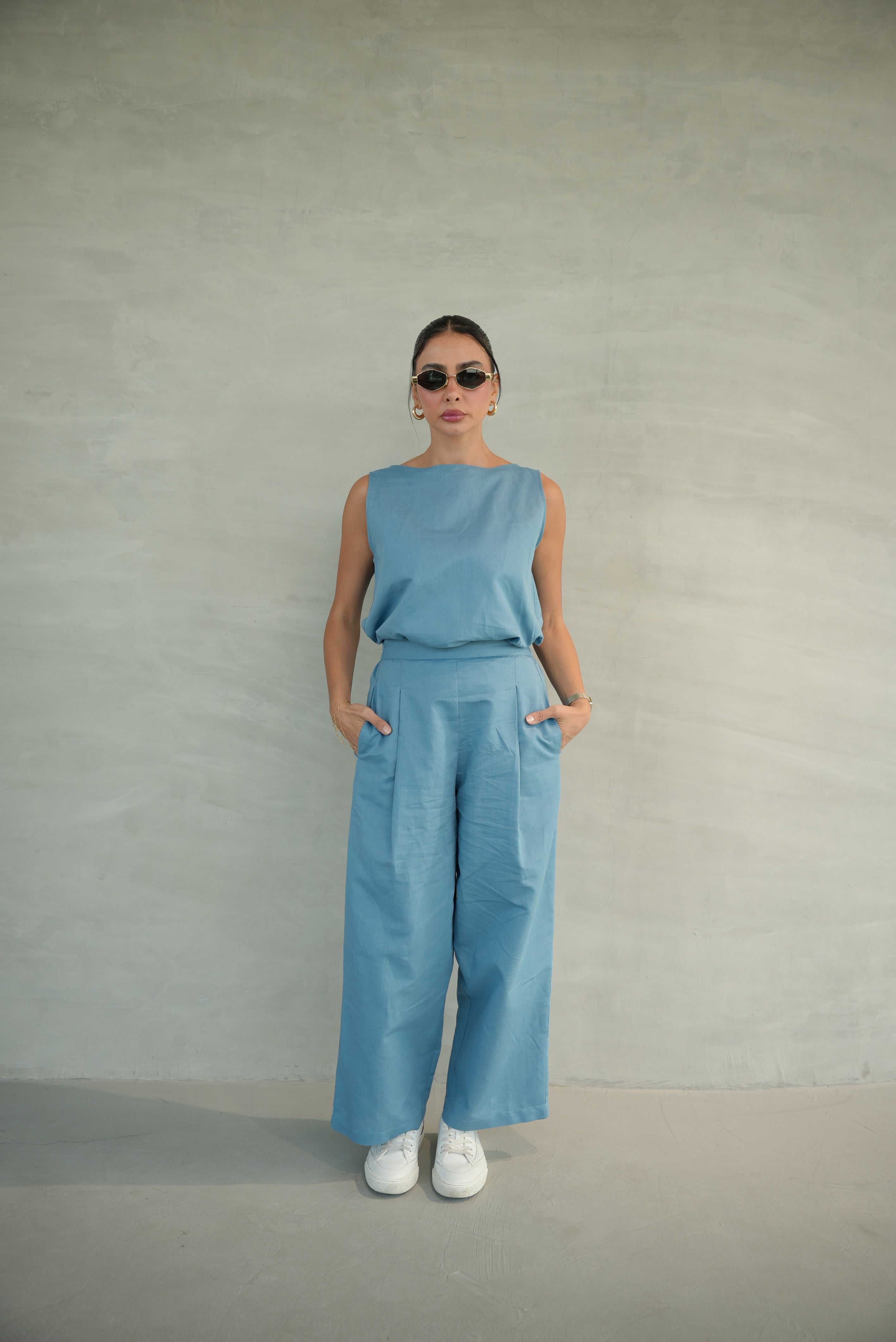 Blue Linen Blouse & Pants Set