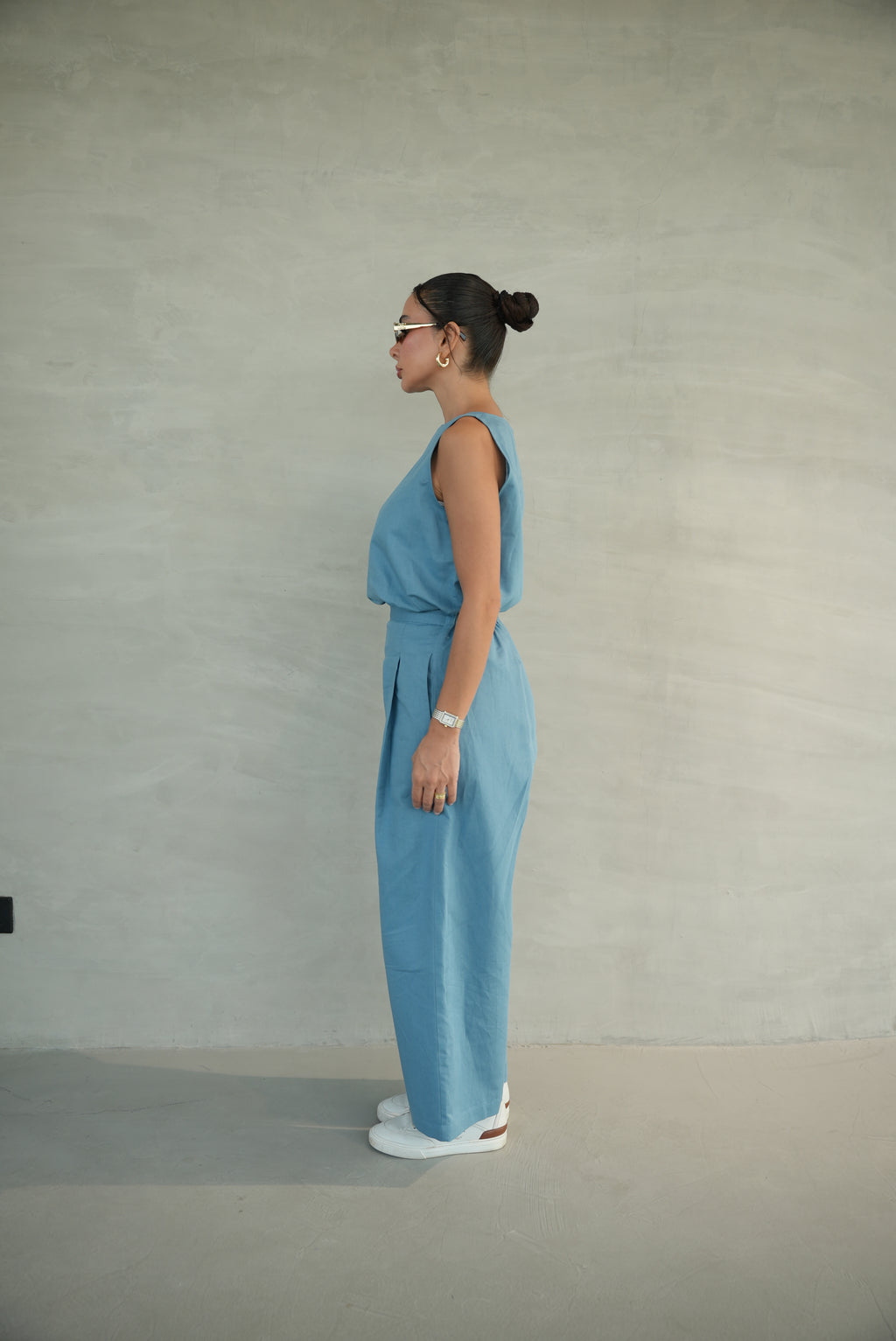 Blue Linen Blouse & Pants Set