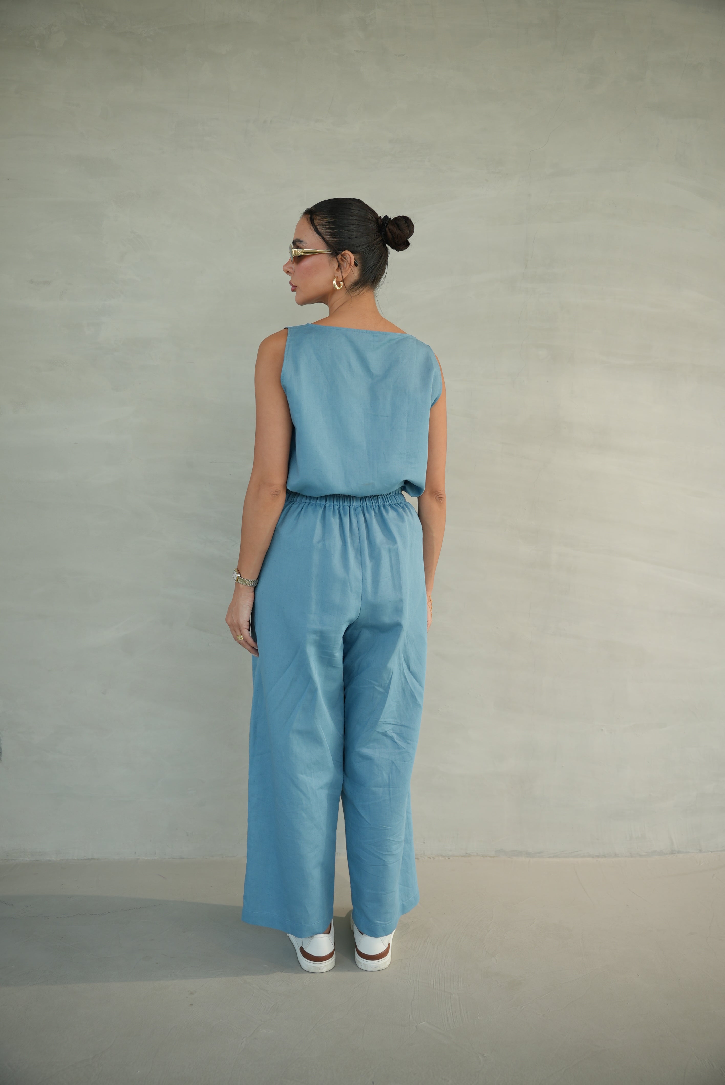 Blue Linen Blouse & Pants Set
