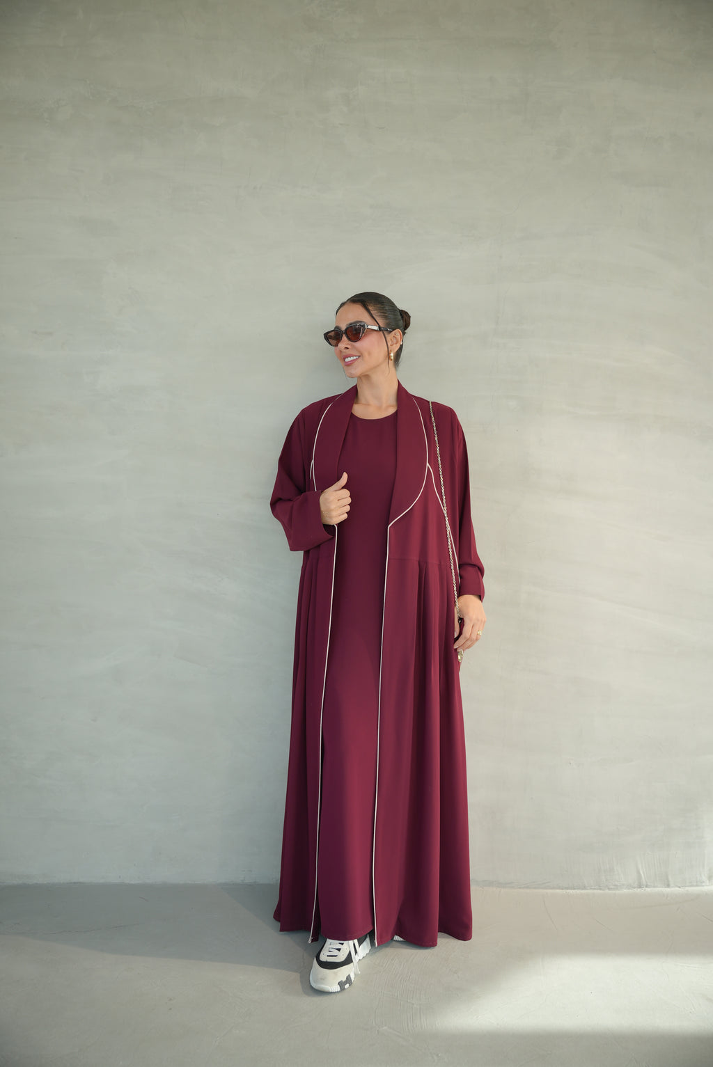 Burgundy Crepe Abaya with Pink Trim