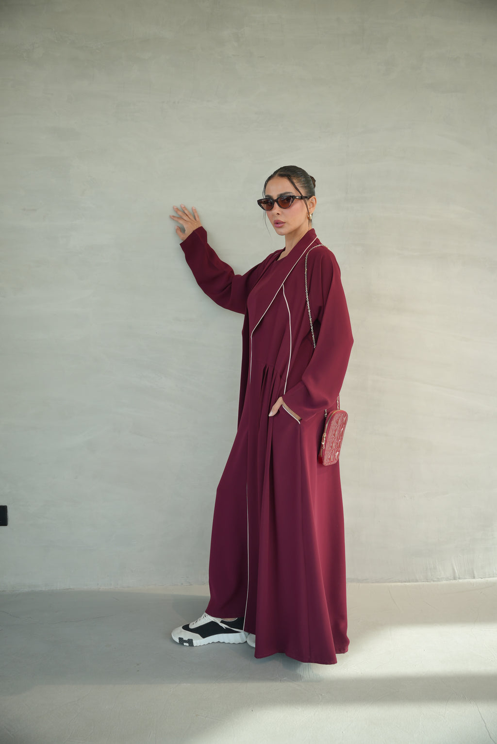 Burgundy Crepe Abaya with Pink Trim