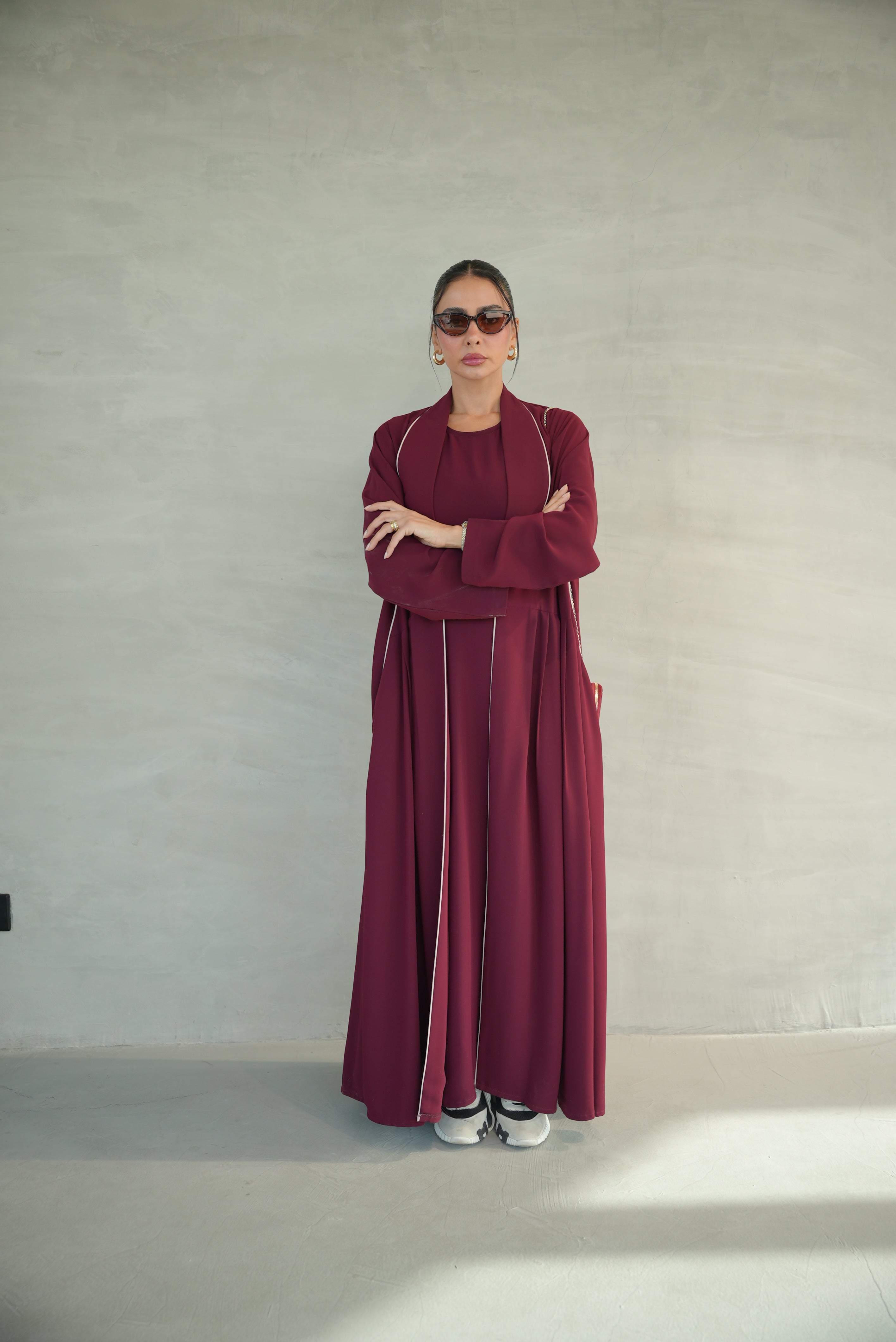 Burgundy Crepe Abaya with Pink Trim