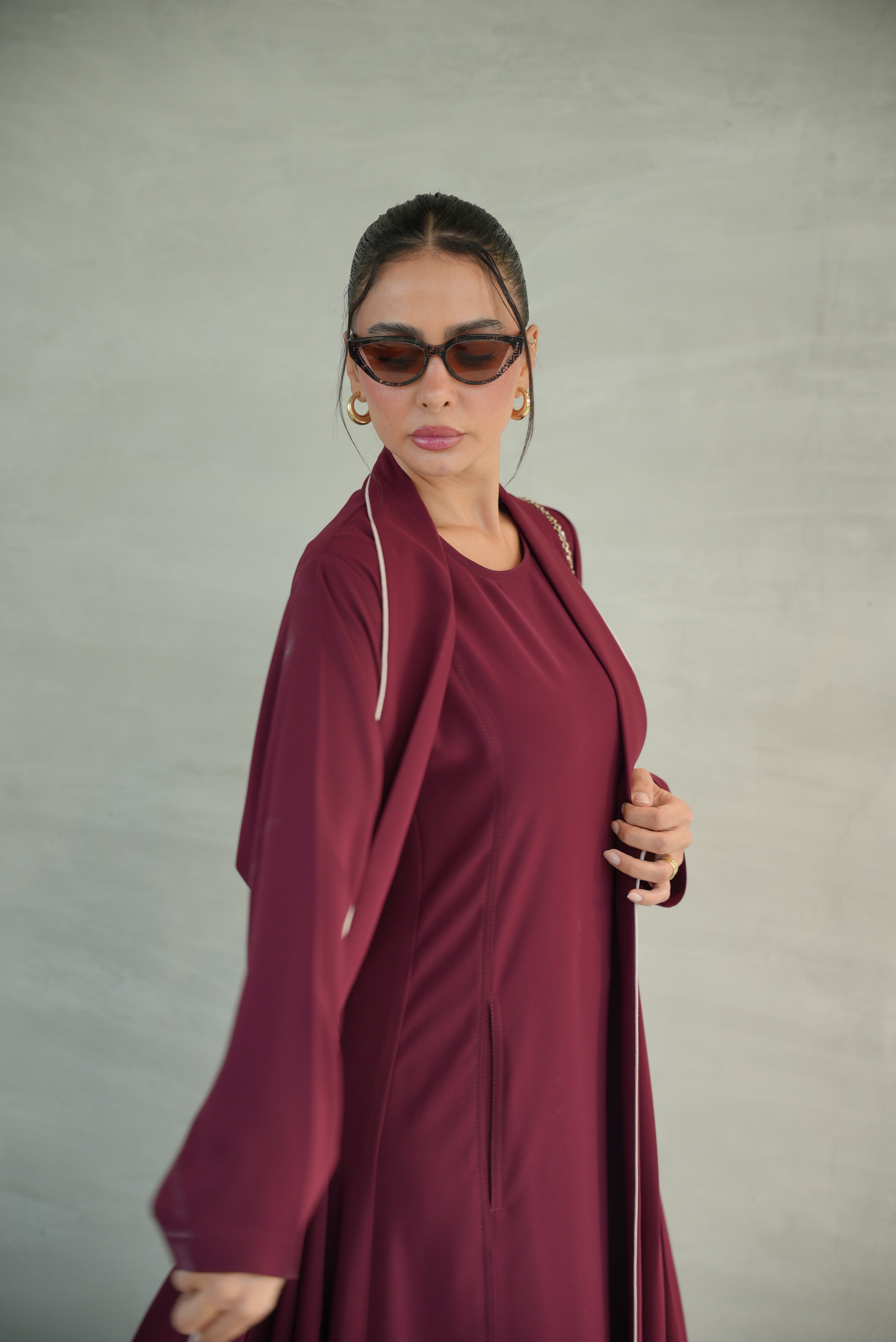 Burgundy Crepe Abaya with Pink Trim