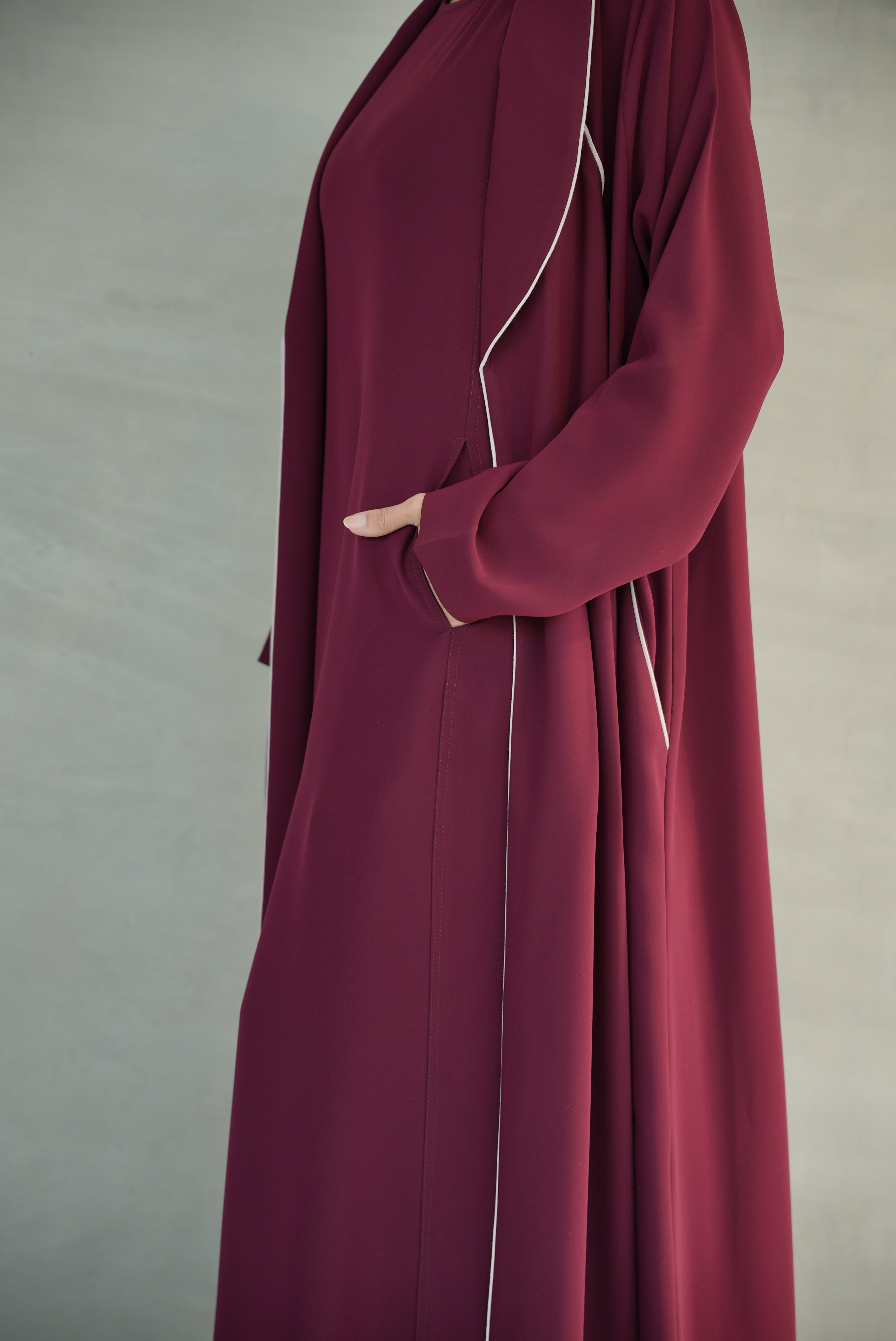 Burgundy Crepe Abaya with Pink Trim