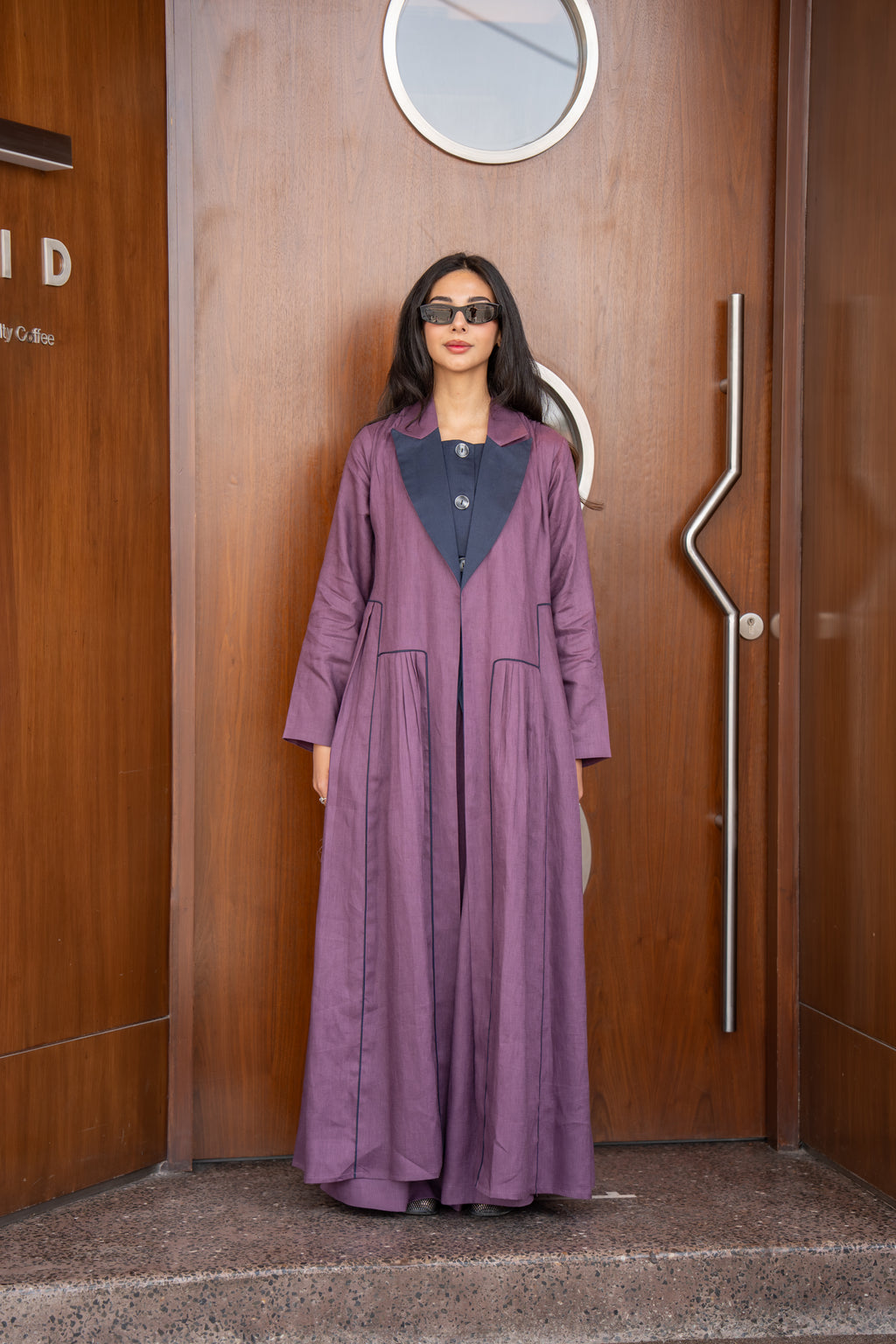 Purple Linen Abaya with Navy Chiffon Inner Lining