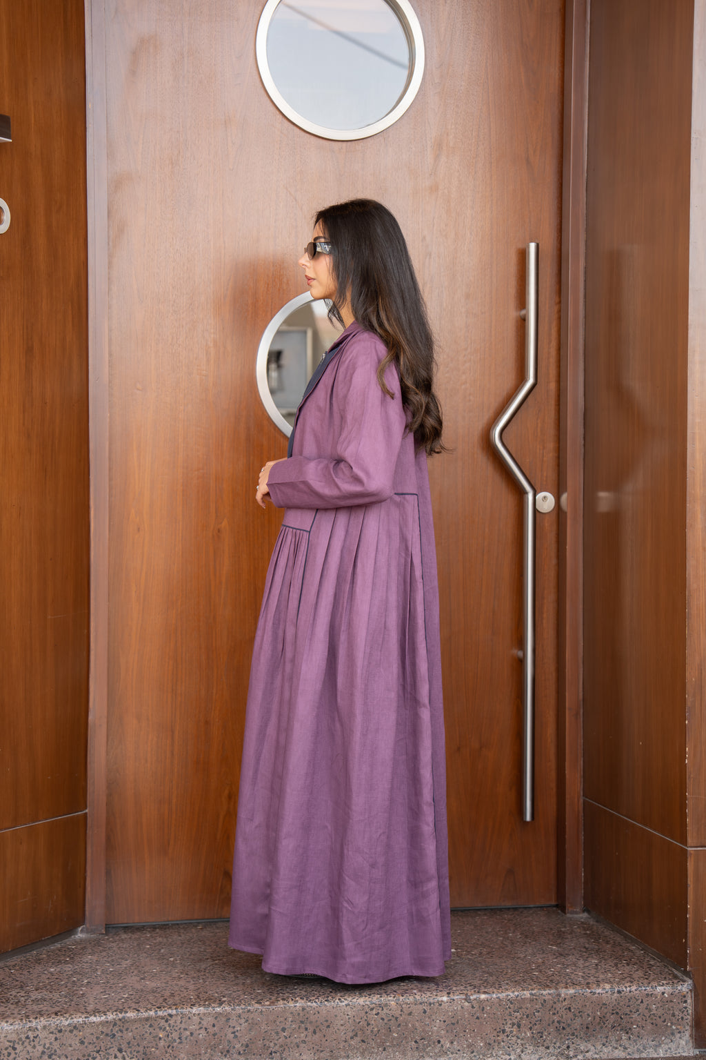 Purple Linen Abaya with Navy Chiffon Inner Lining