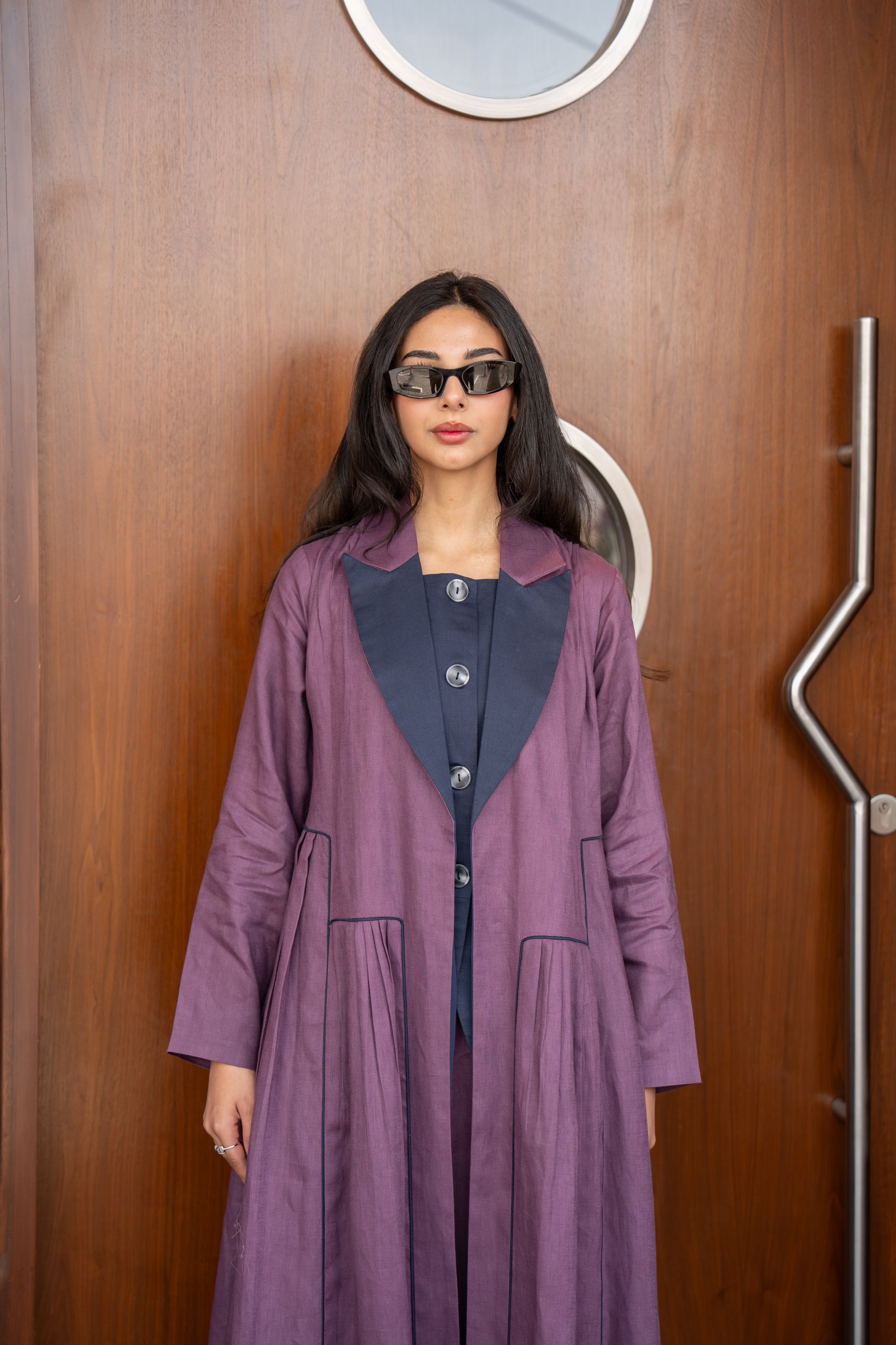 Purple Linen Abaya with Navy Chiffon Inner Lining