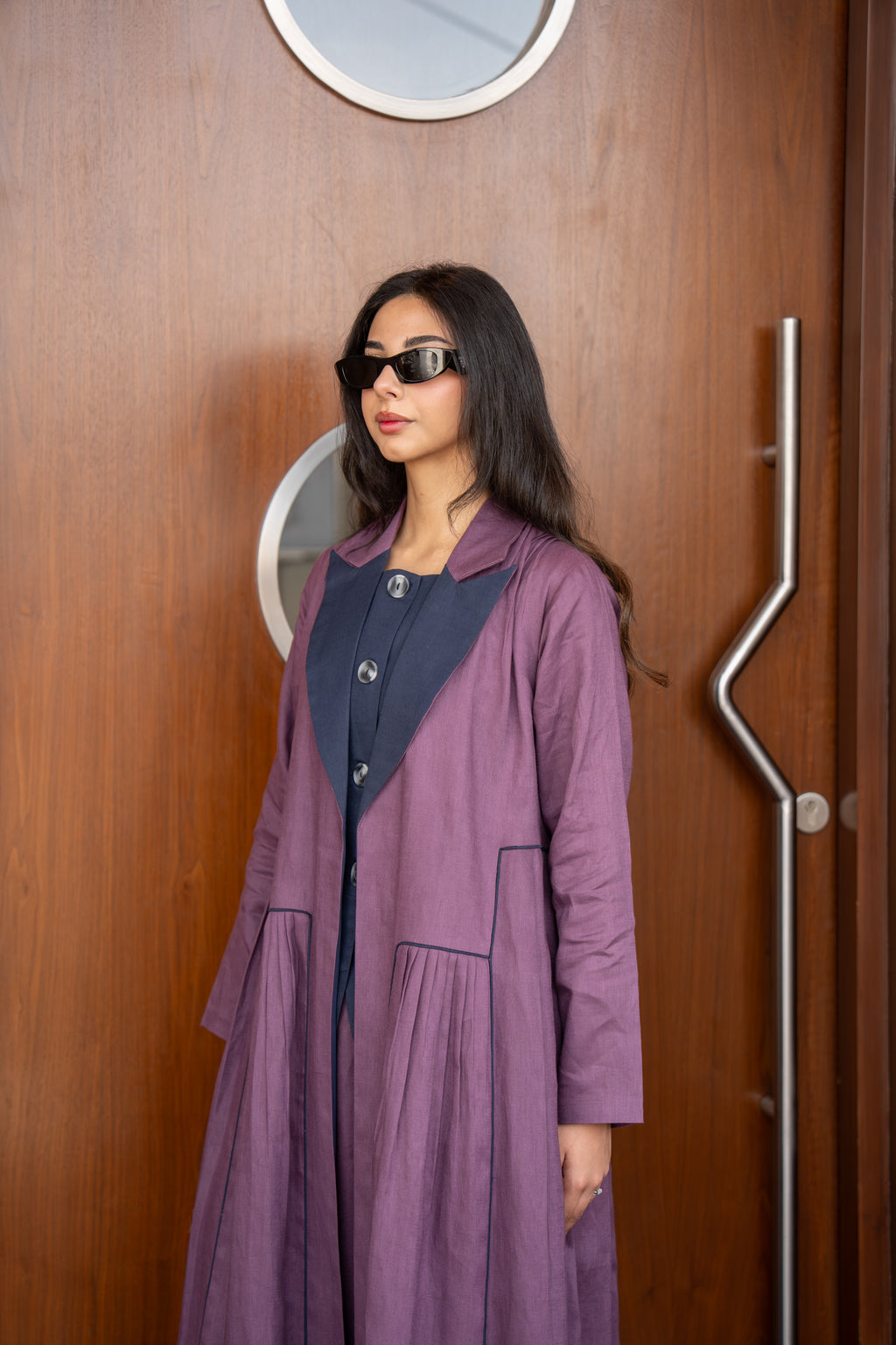 Purple Linen Abaya with Navy Chiffon Inner Lining