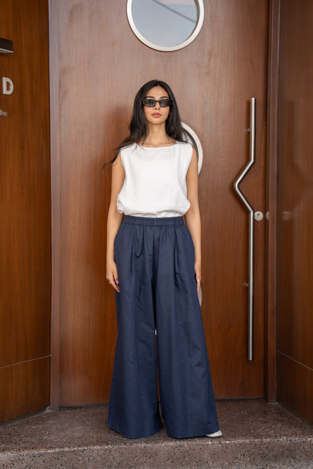 White blouse and navy trousers set, linen