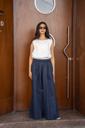 White blouse and navy trousers set, linen