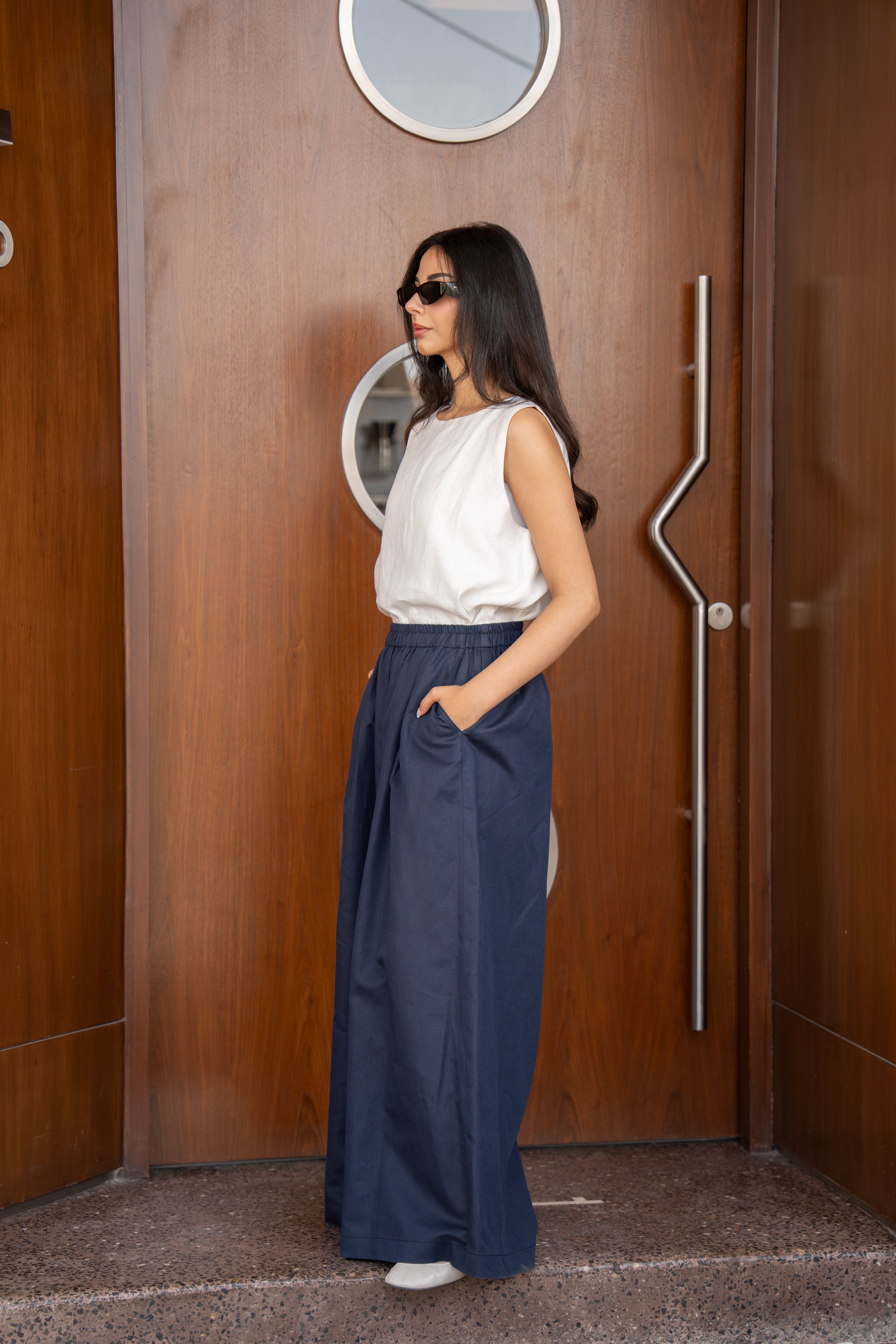 White blouse and navy trousers set, linen