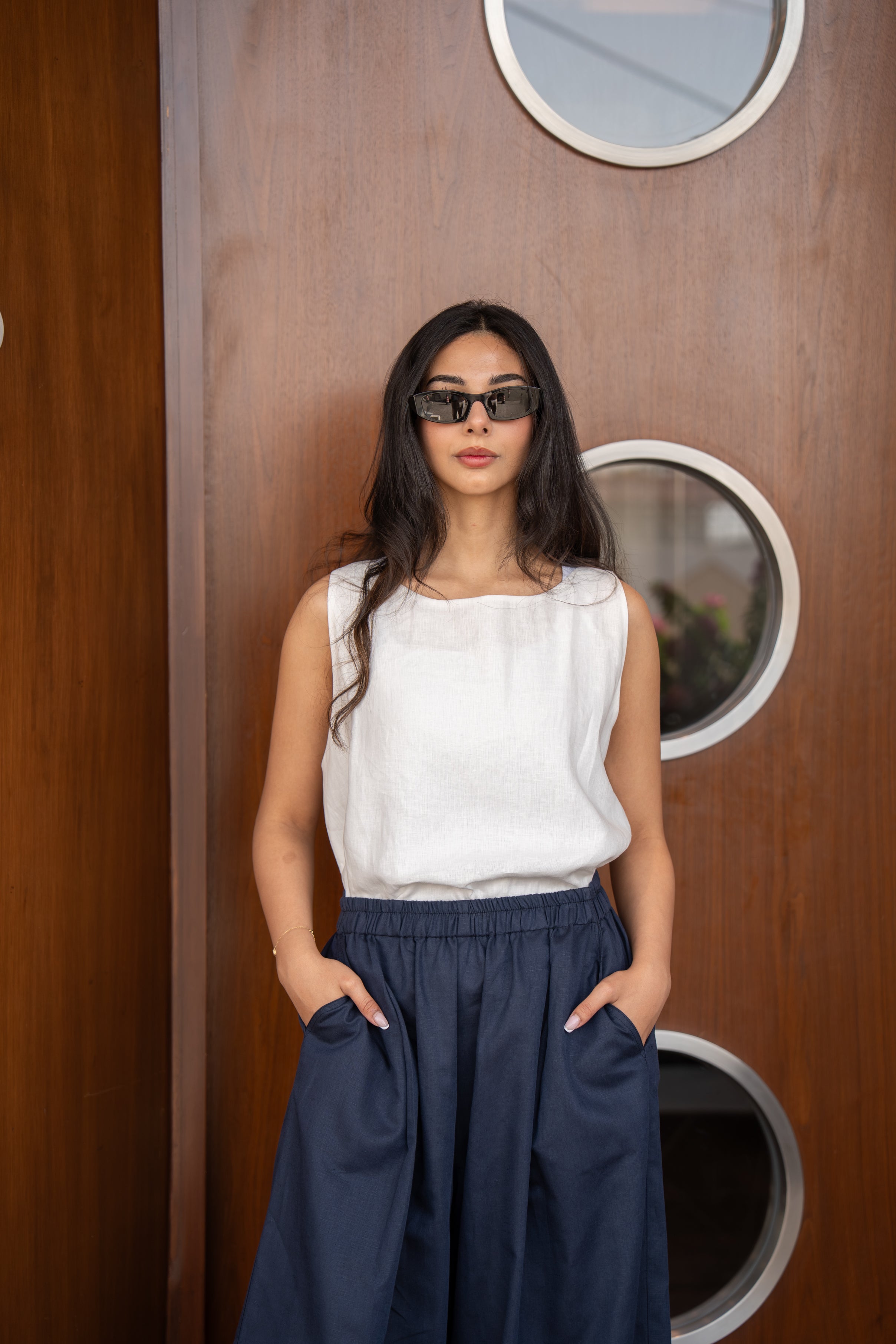 White blouse and navy trousers set, linen