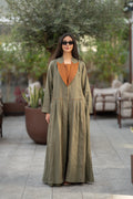 Olive linen fabric with a camel chiffon inner lining