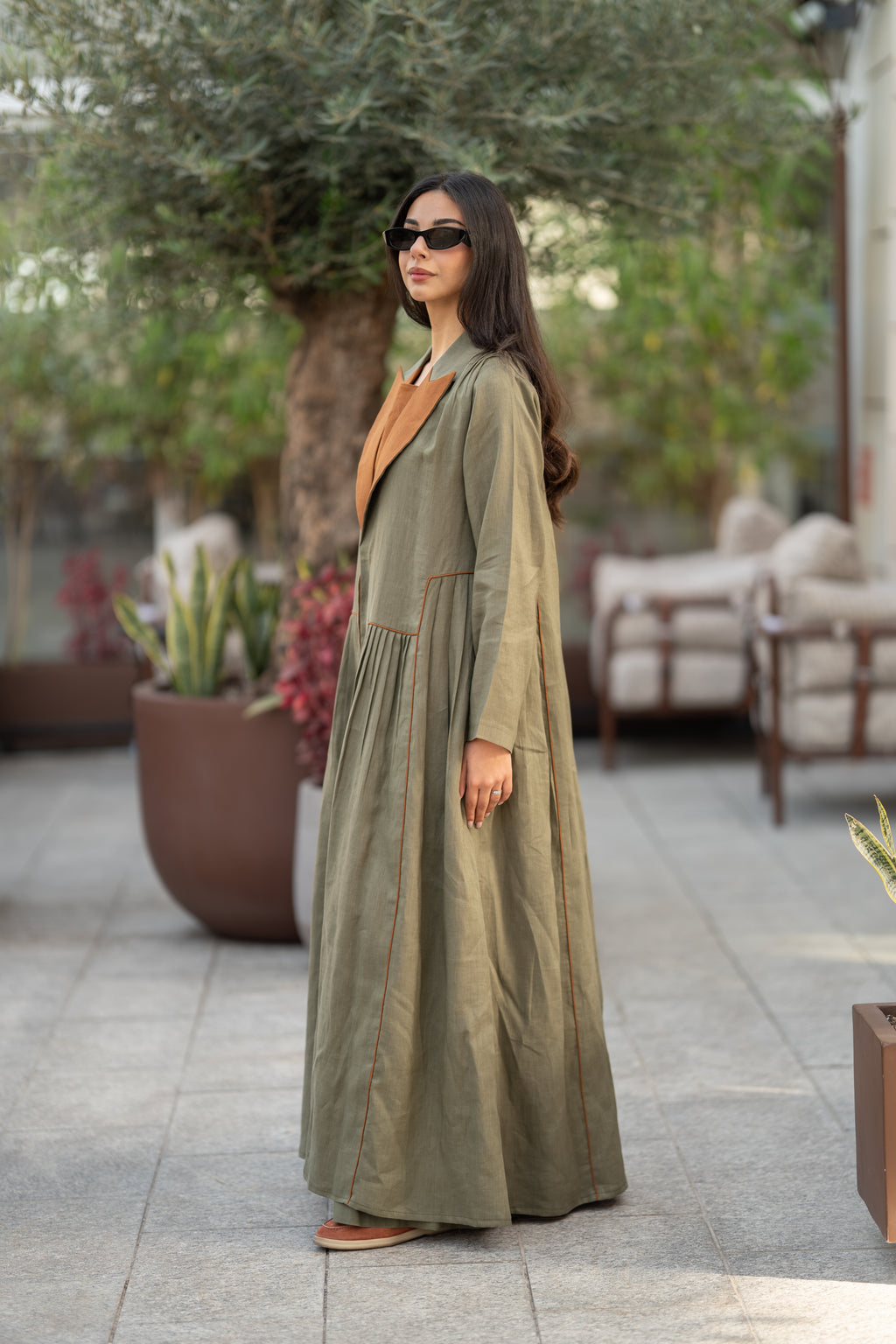 Olive linen fabric with a camel chiffon inner lining