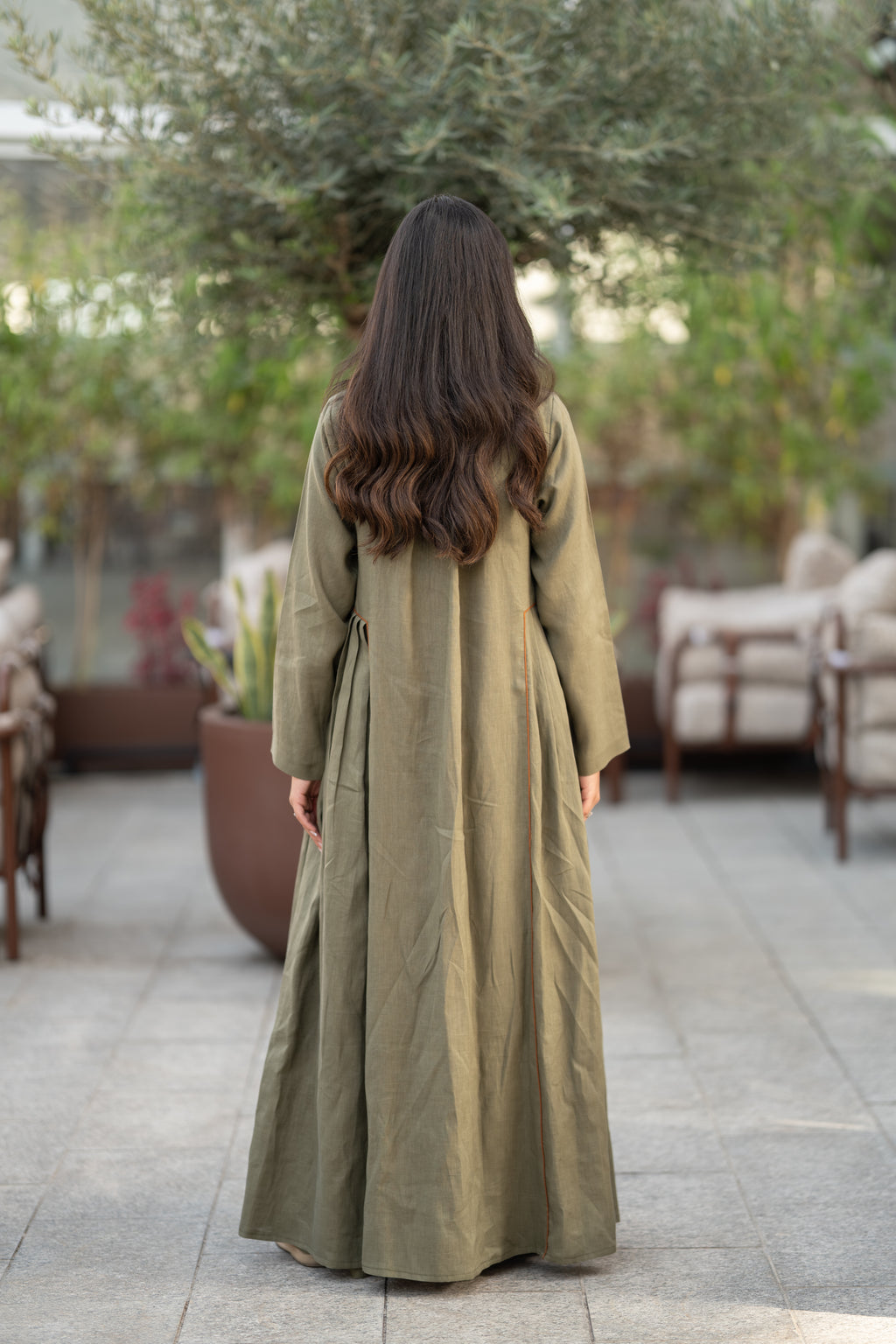 Olive linen fabric with a camel chiffon inner lining