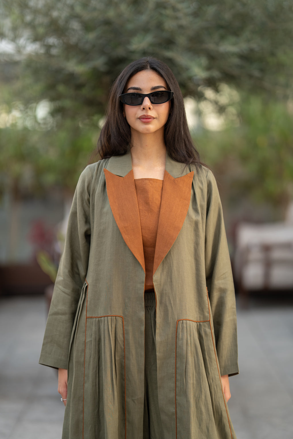 Olive linen fabric with a camel chiffon inner lining