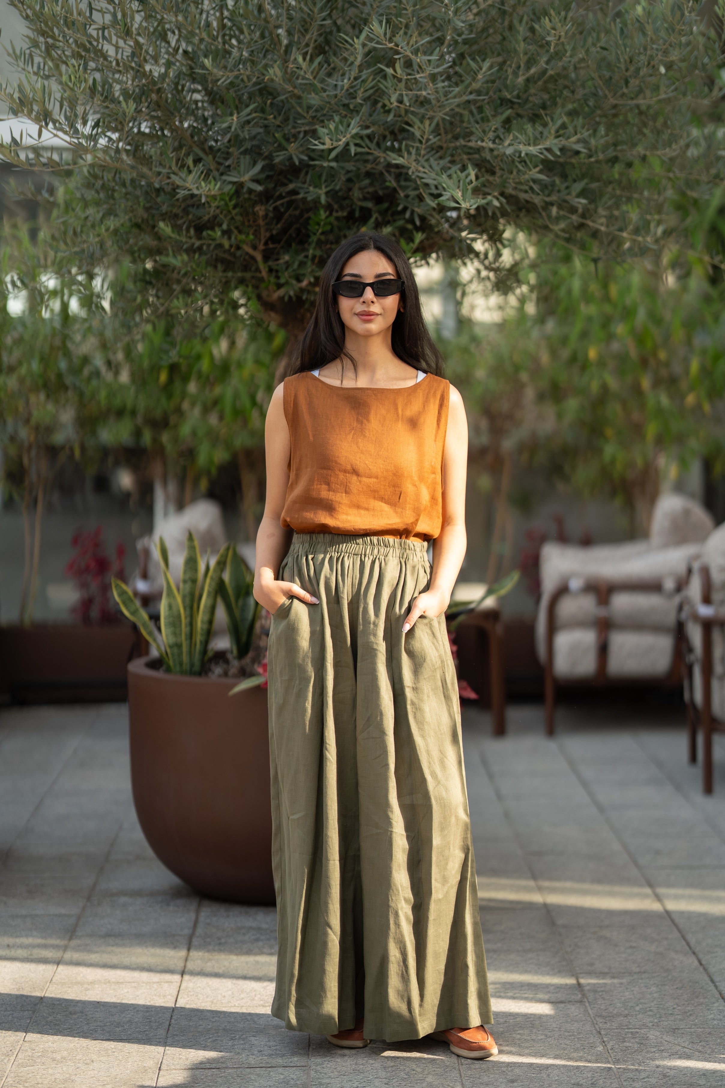 Camel blouse and olive green pants set in linen fabric