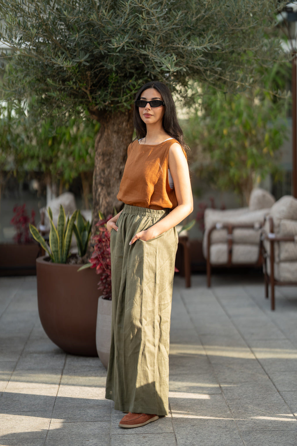 Camel blouse and olive green pants set in linen fabric
