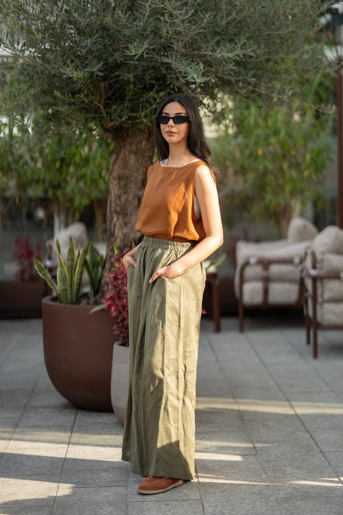 Camel blouse and olive green pants set in linen fabric