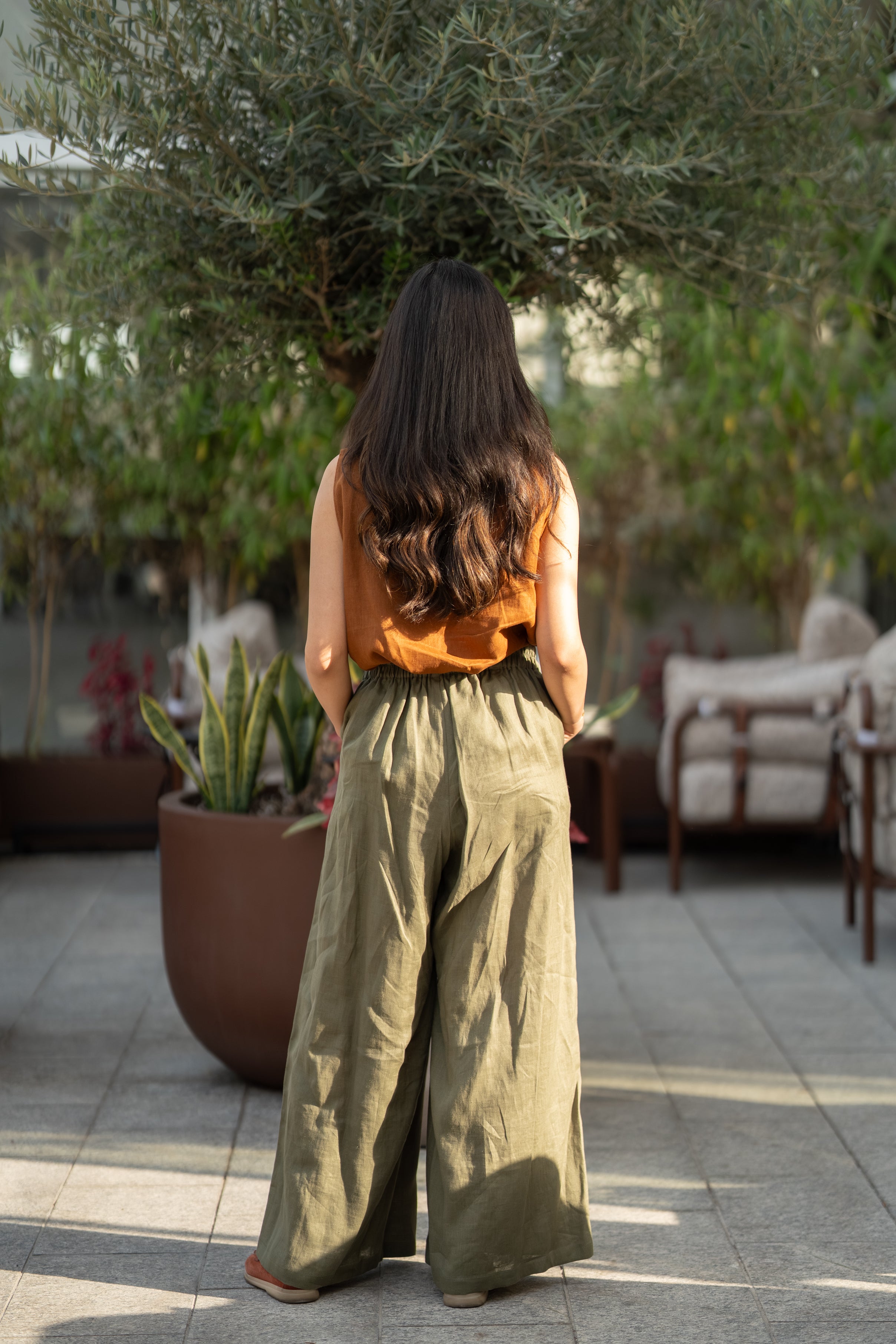 Camel blouse and olive green pants set in linen fabric